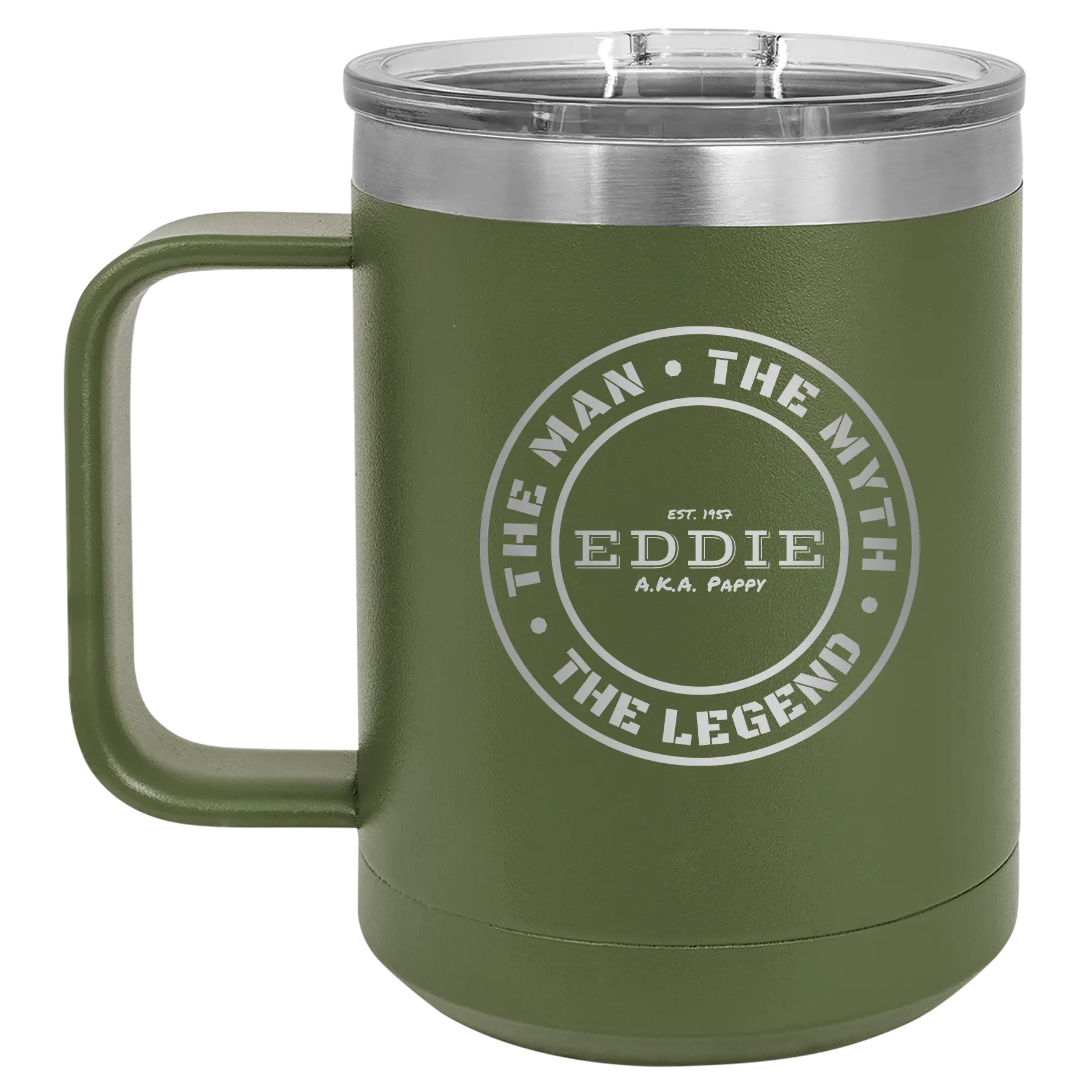 Personalized olive green 15 oz vacuum insulated coffee mug with etched 'Man Myth Legend' design