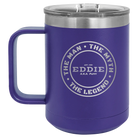 Personalized purple 15 oz vacuum insulated coffee mug with etched 'Man Myth Legend' design
