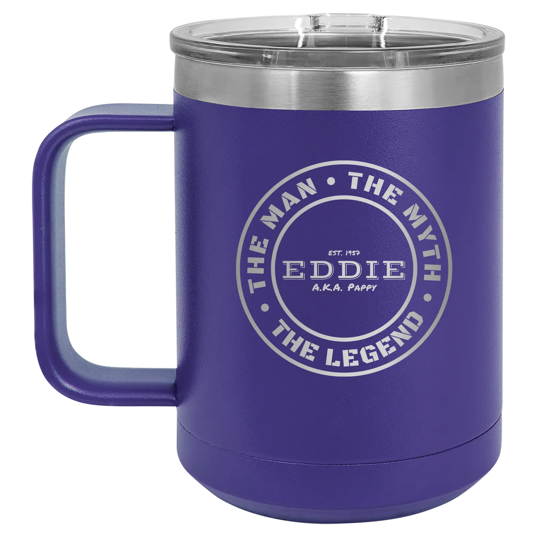 Personalized purple 15 oz vacuum insulated coffee mug with etched 'Man Myth Legend' design