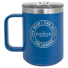 Personalized royal blue 15 oz vacuum insulated coffee mug with etched 'Man Myth Legend' design