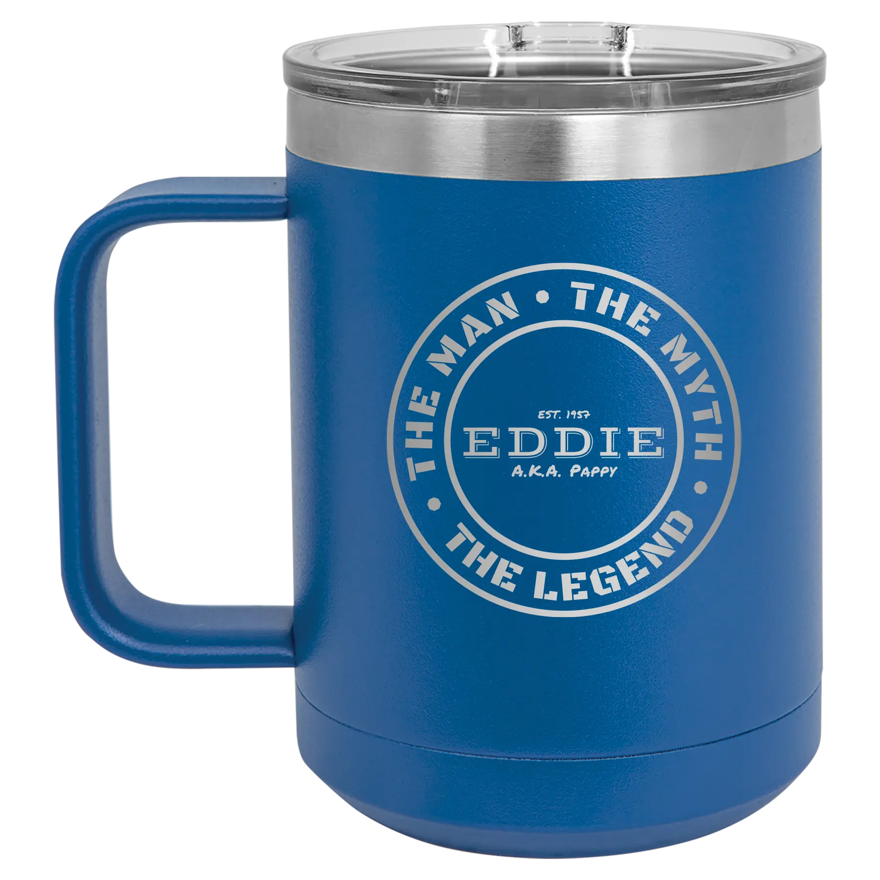 Personalized royal blue 15 oz vacuum insulated coffee mug with etched 'Man Myth Legend' design