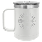 Personalized white 15 oz vacuum insulated coffee mug with etched 'Man Myth Legend' design
