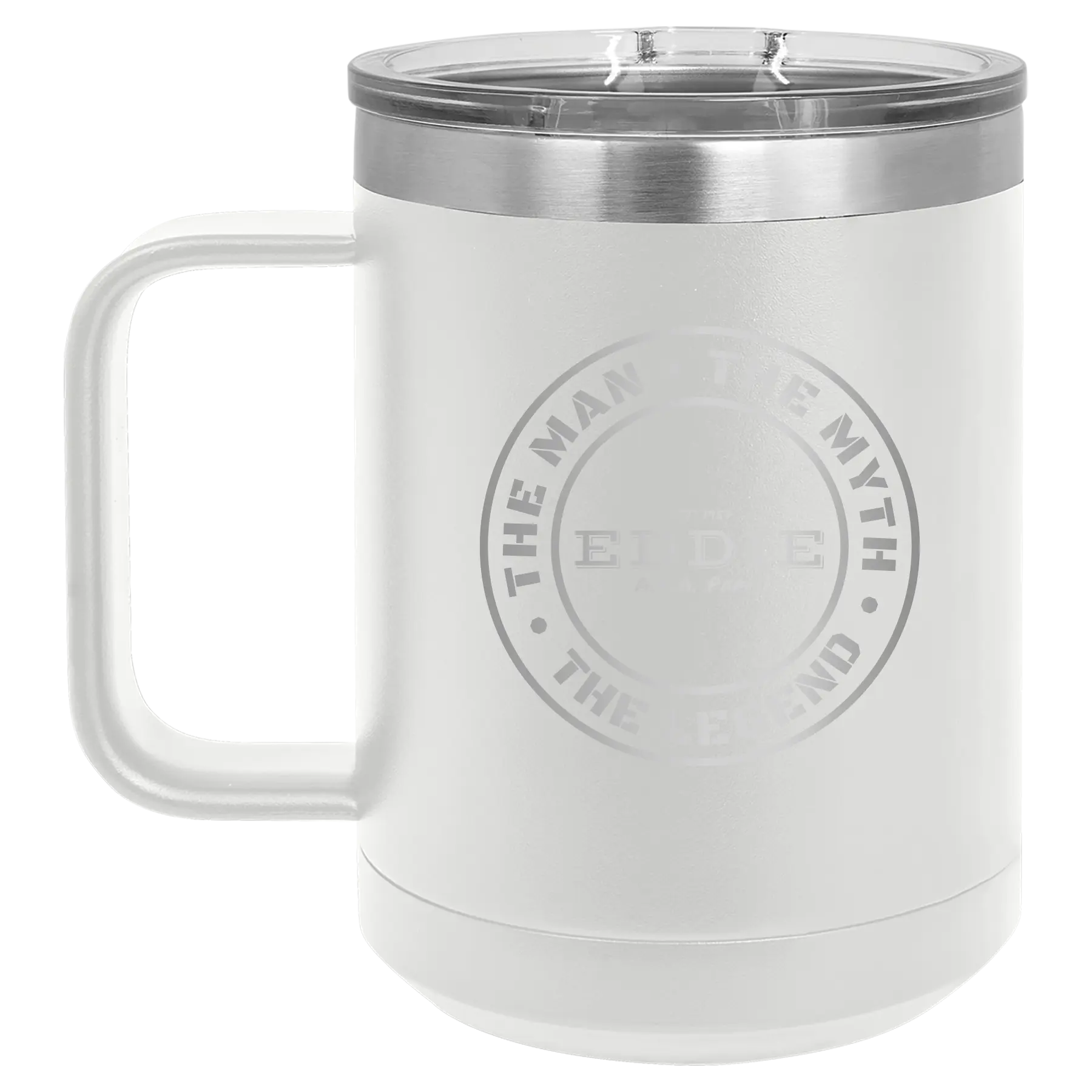Personalized white 15 oz vacuum insulated coffee mug with etched 'Man Myth Legend' design