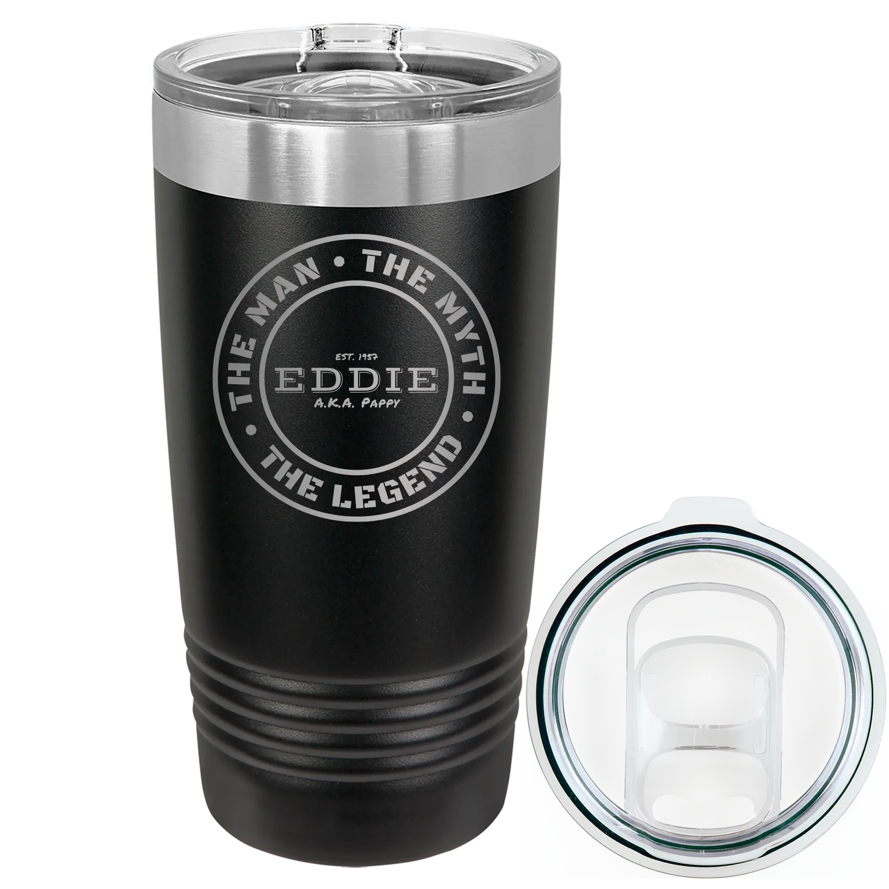 Laser etched black 20 oz vacuum insulated tumbler with 'Man Myth Legend' design