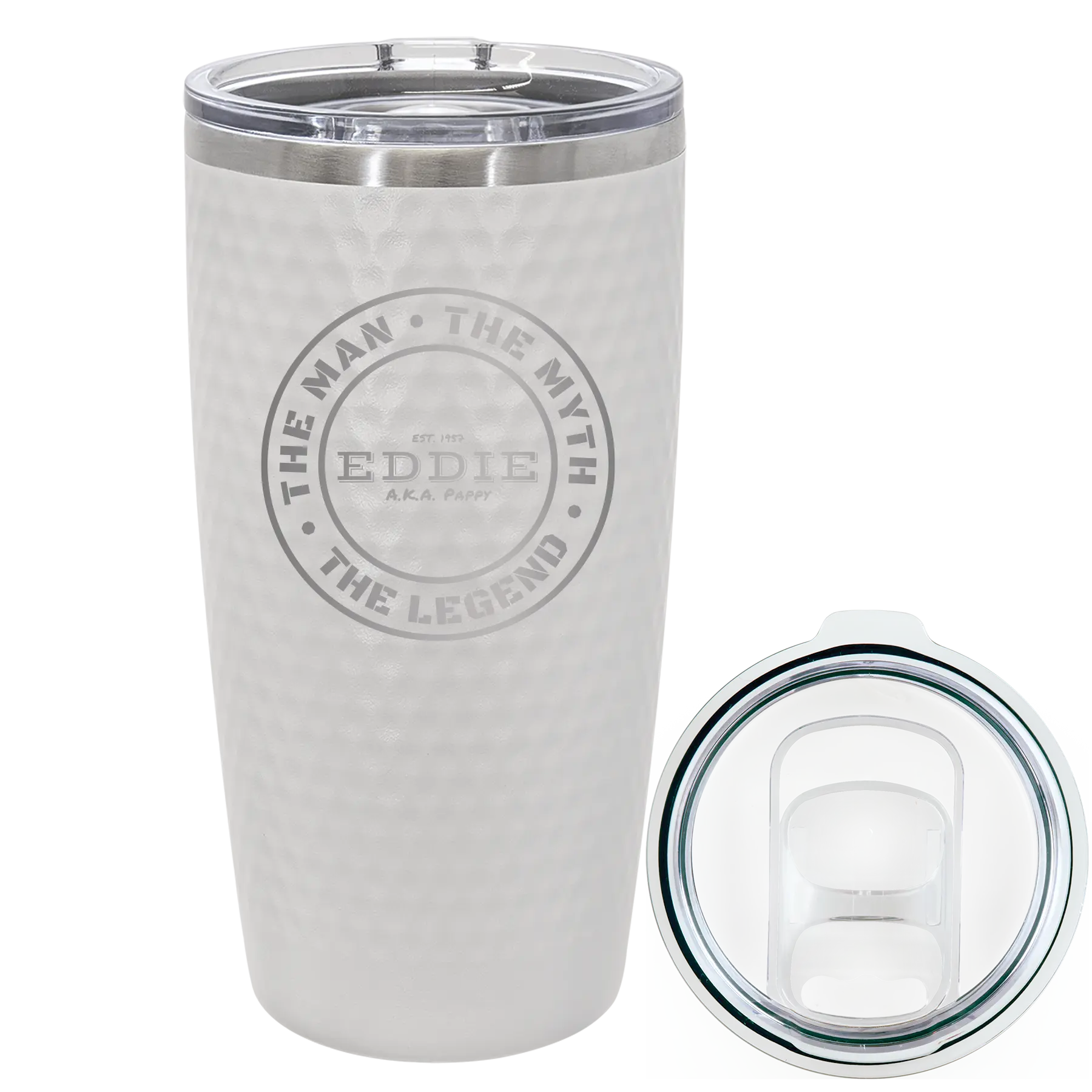 Laser etched white 20 oz golf dimples tumbler with 'Man Myth Legend' design