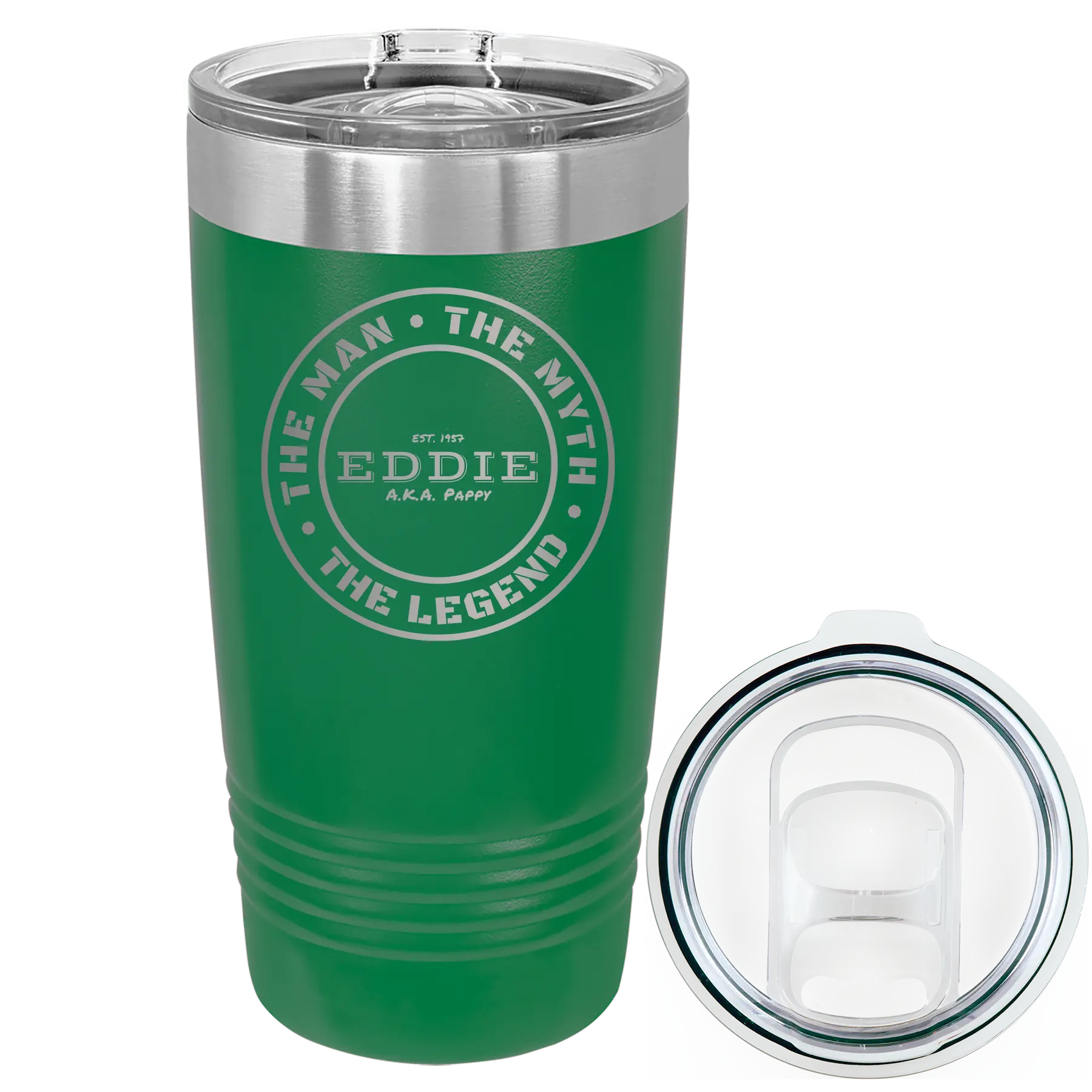 Laser etched green 20 oz vacuum insulated tumbler with 'Man Myth Legend' design