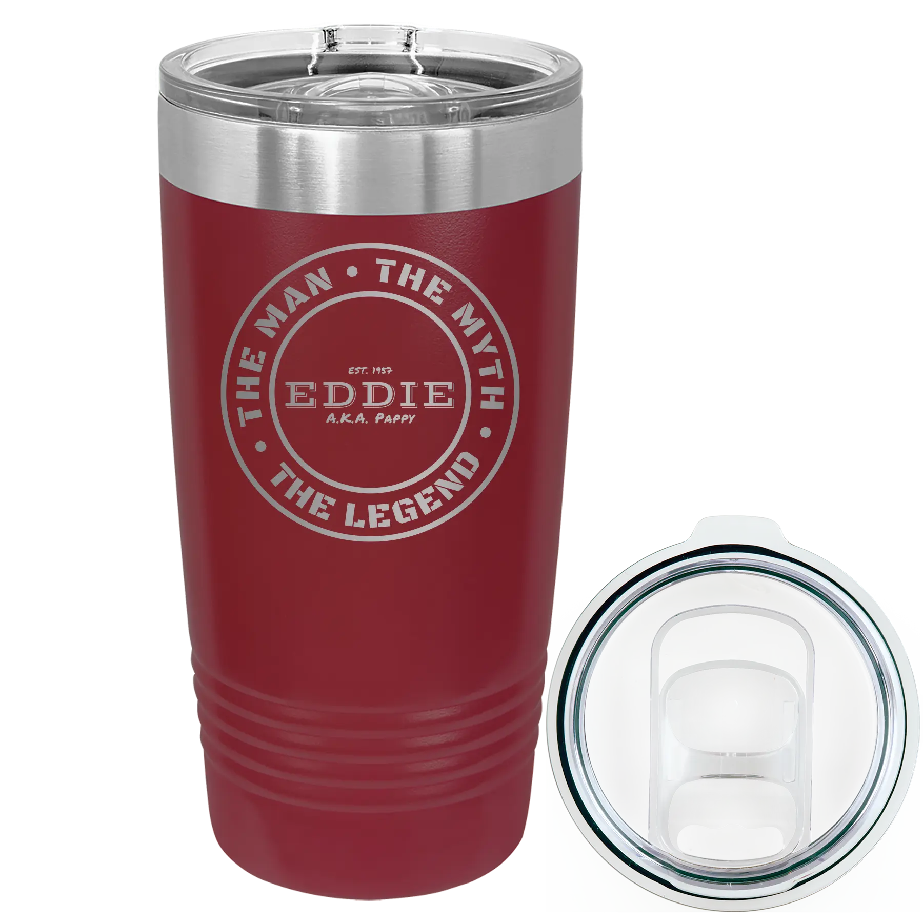 Laser etched maroon 20 oz vacuum insulated tumbler with 'Man Myth Legend' design