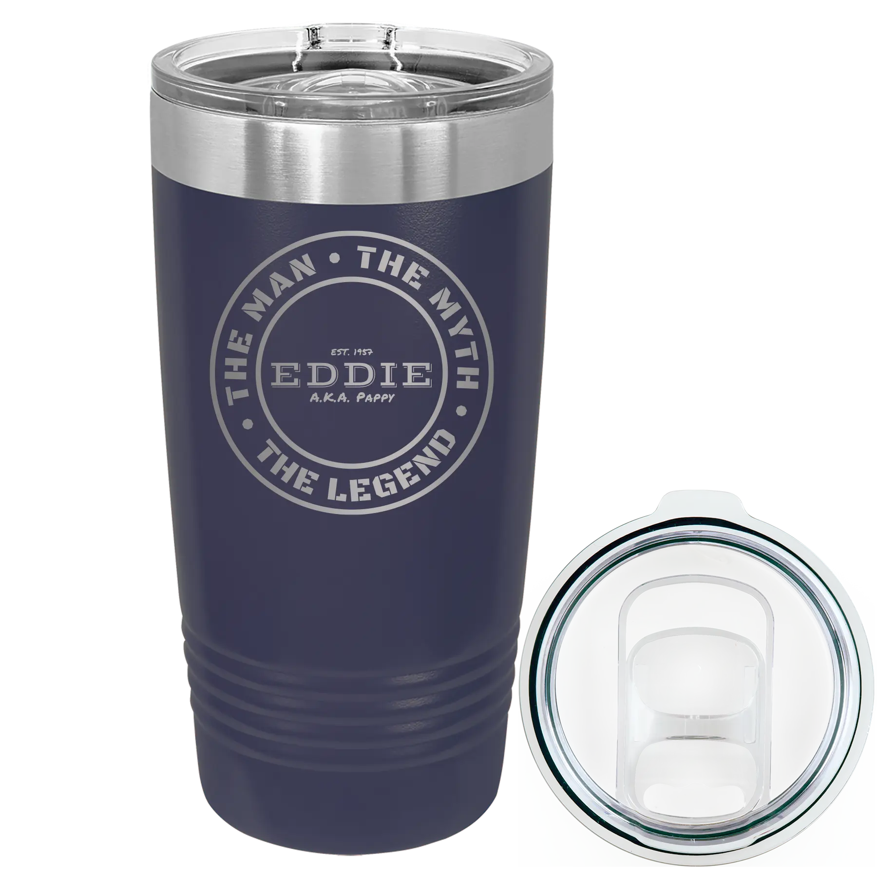 Laser etched navy 20 oz vacuum insulated tumbler with 'Man Myth Legend' design