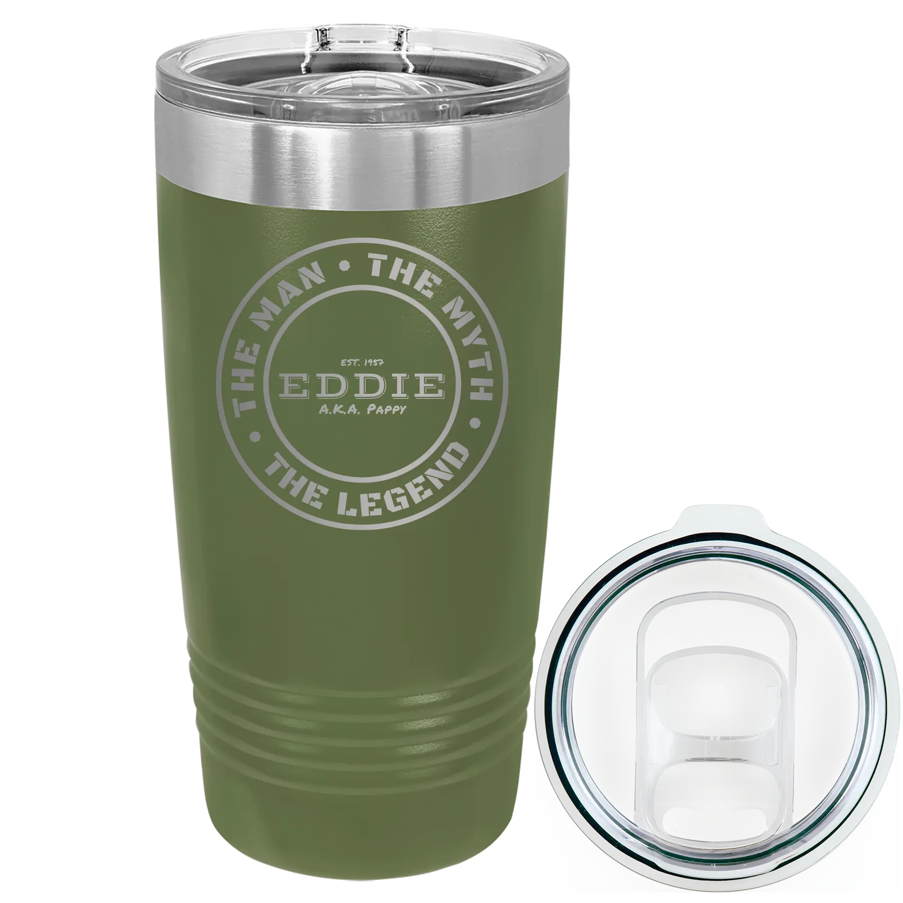 Laser etched olive green 20 oz vacuum insulated tumbler with 'Man Myth Legend' design