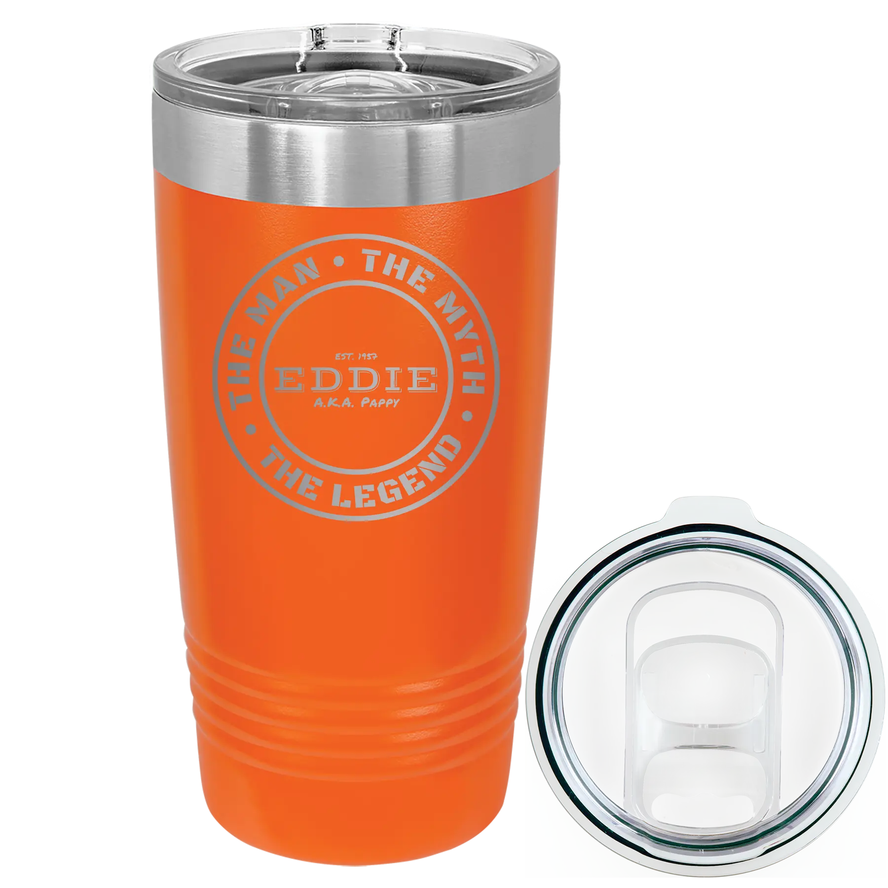 Laser etched orange 20 oz vacuum insulated tumbler with 'Man Myth Legend' design