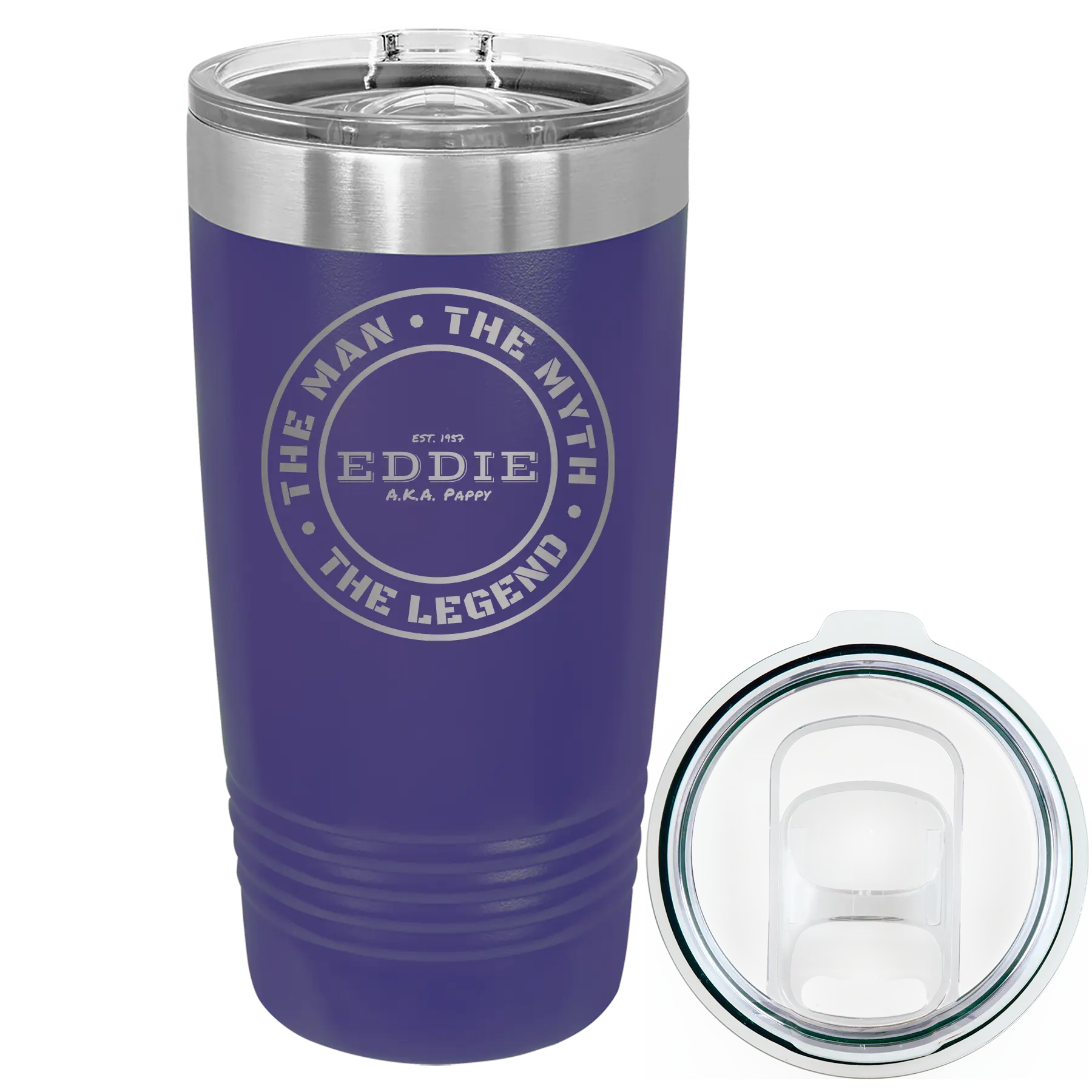 Laser etched purple 20 oz vacuum insulated tumbler with 'Man Myth Legend' design