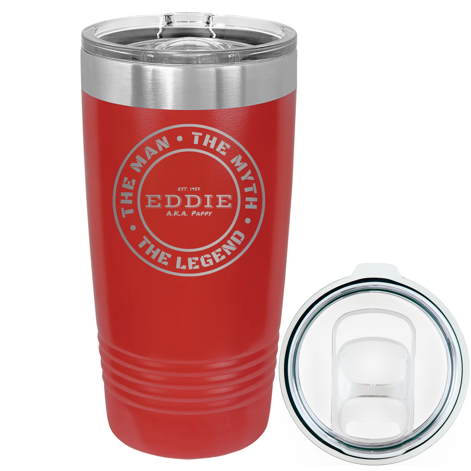Laser etched red 20 oz vacuum insulated tumbler with 'Man Myth Legend' design