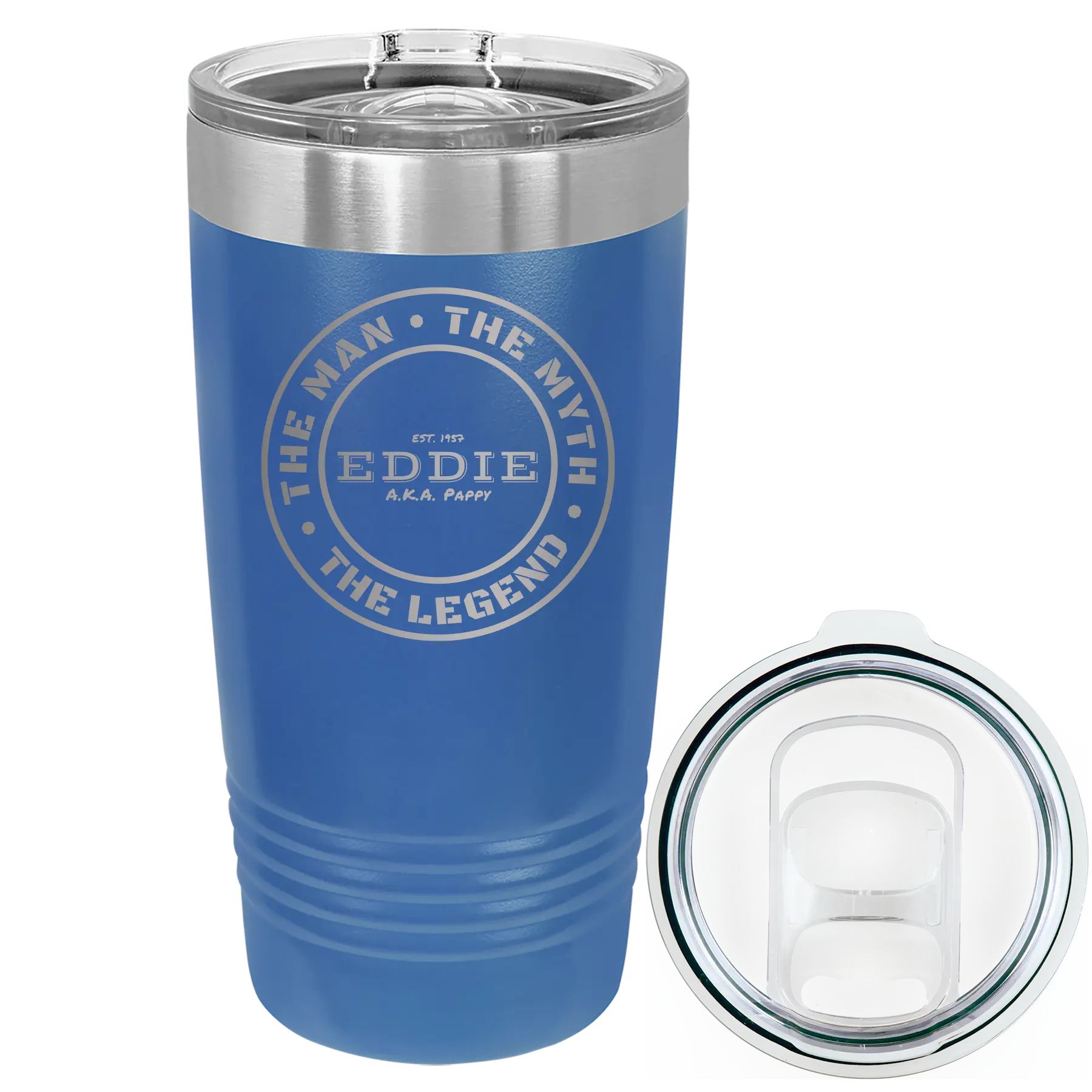 Laser etched royal blue 20 oz vacuum insulated tumbler with 'Man Myth Legend' design
