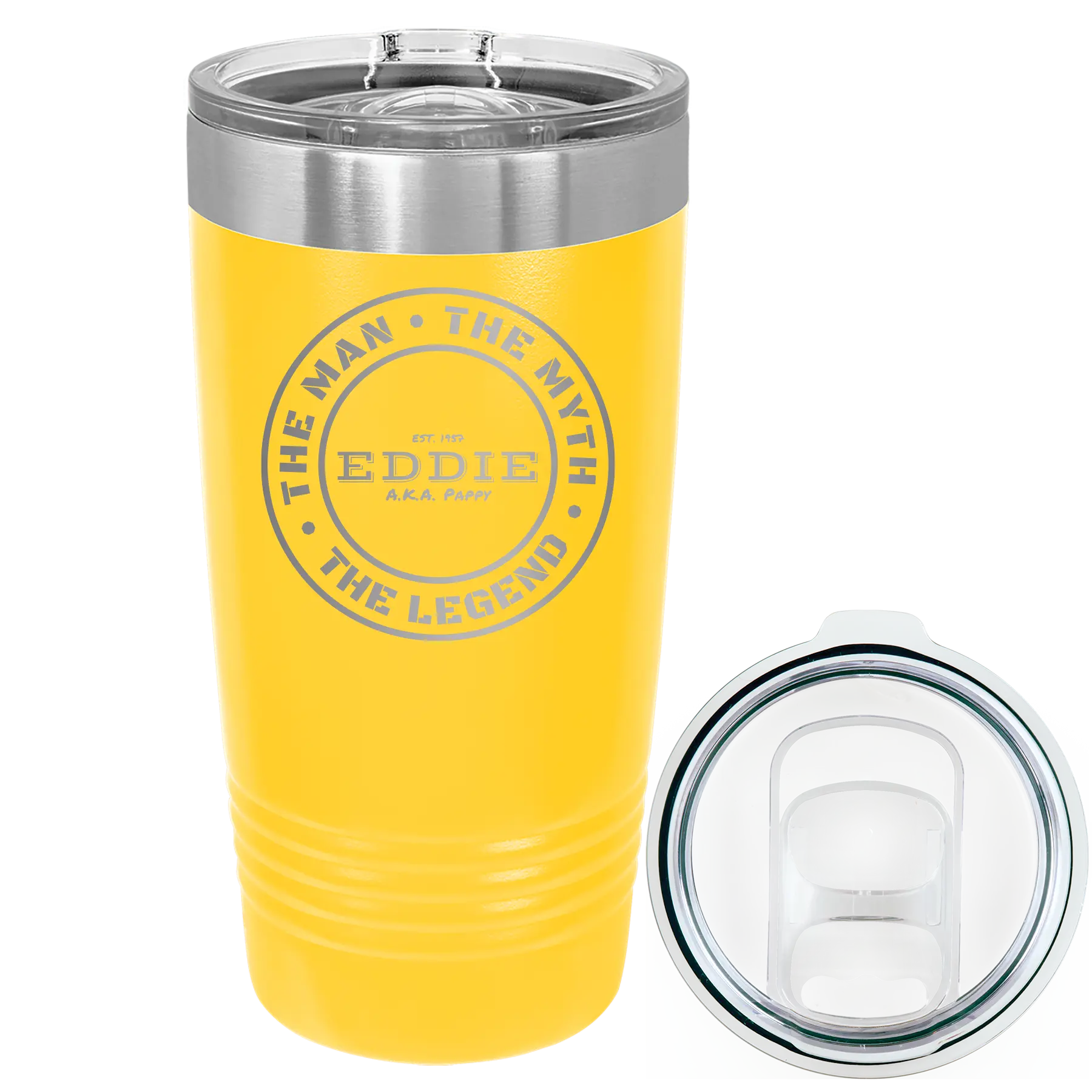 Laser etched yellow 20 oz vacuum insulated tumbler with 'Man Myth Legend' design