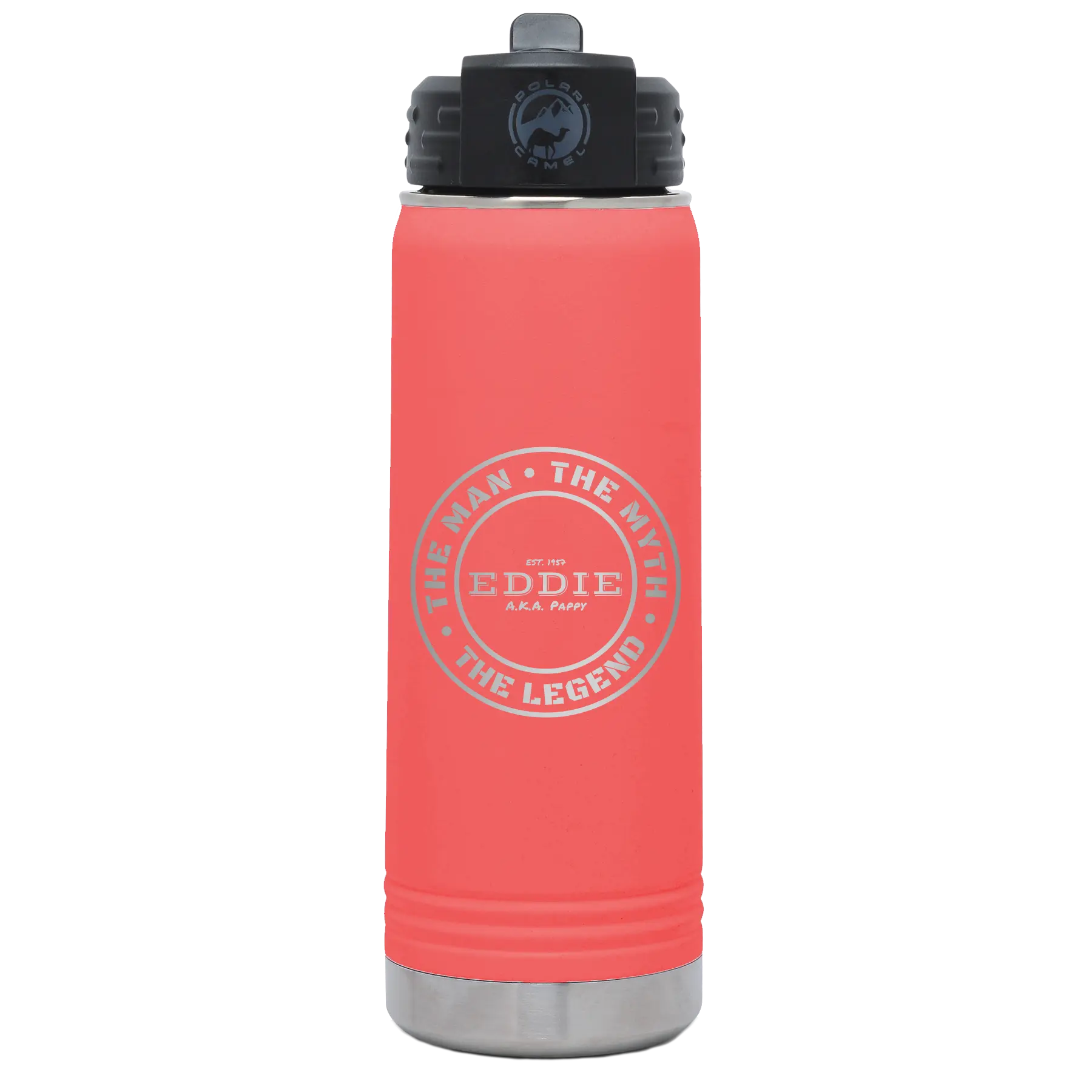 Laser etched coral 20 oz vacuum insulated water bottle with 'Man Myth Legend' design