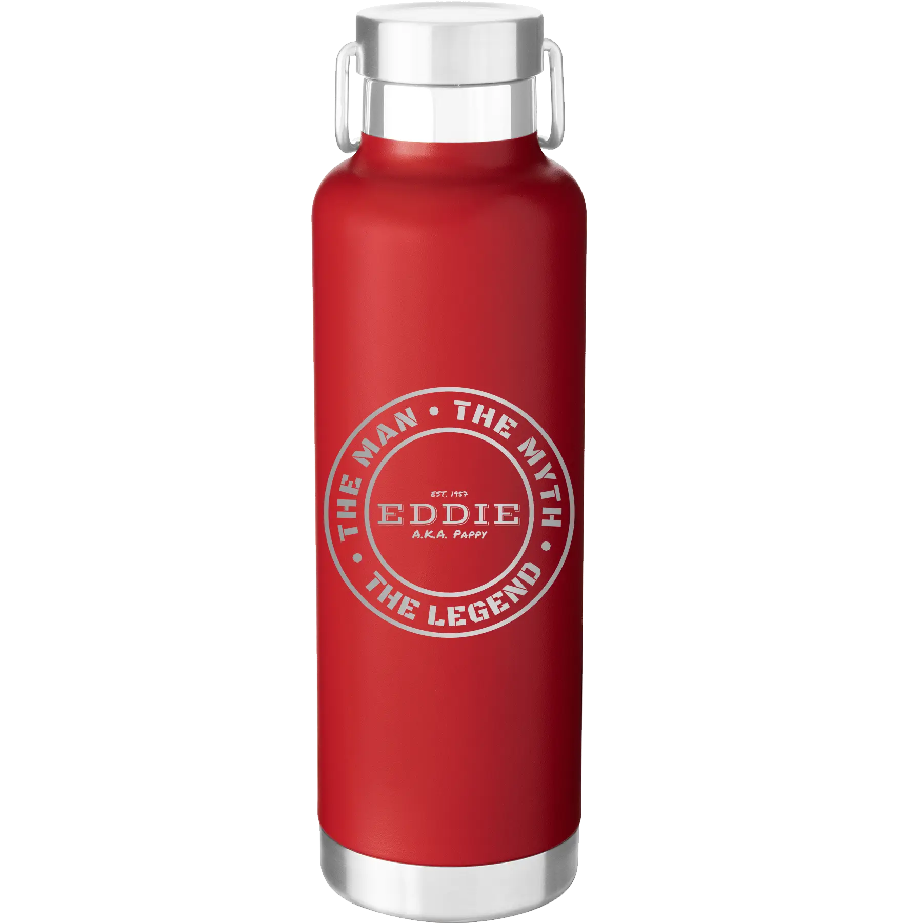 Laser etched red 24 oz vacuum insulated water bottle with 'Man Myth Legend' design