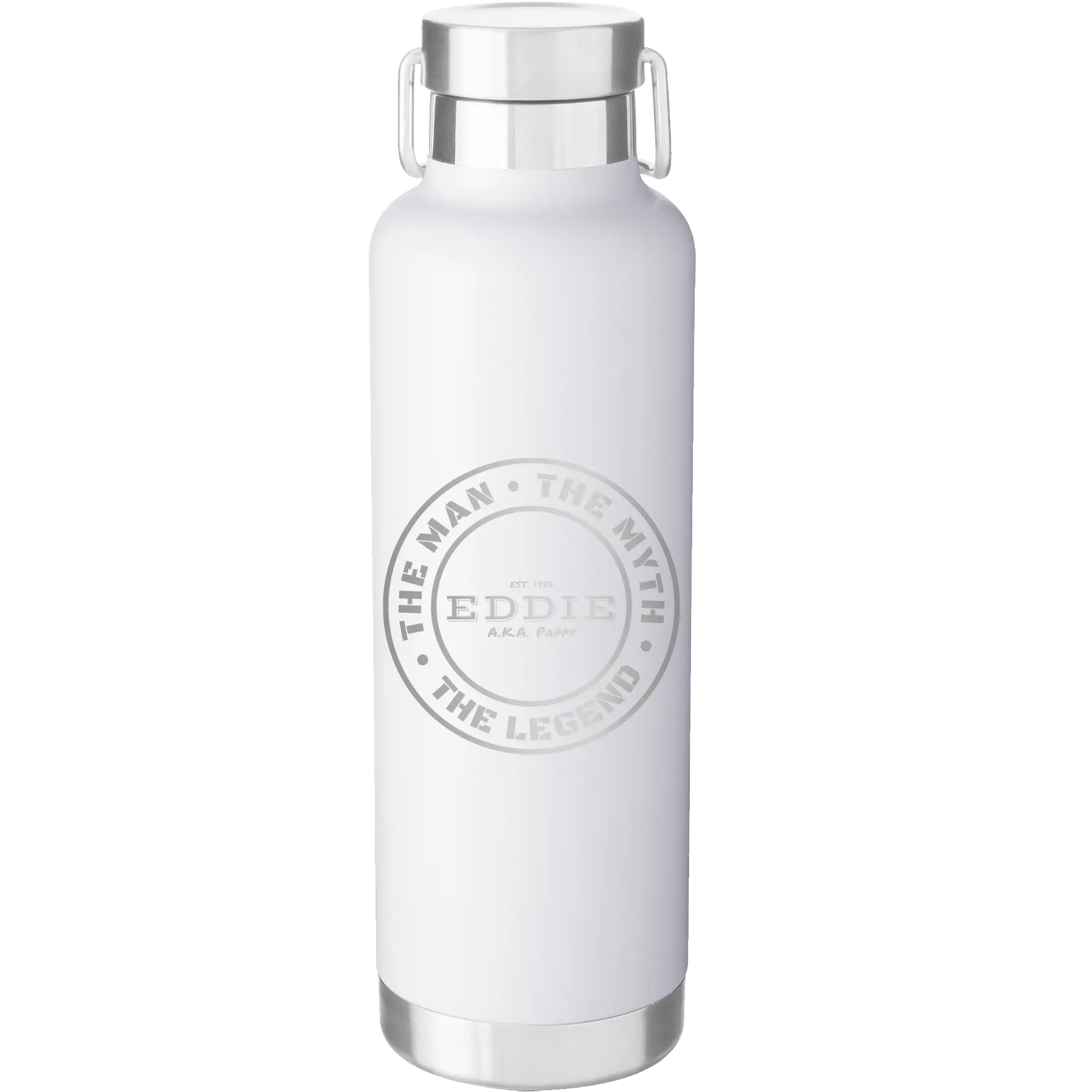 Laser etched white 24 oz vacuum insulated water bottle with 'Man Myth Legend' design