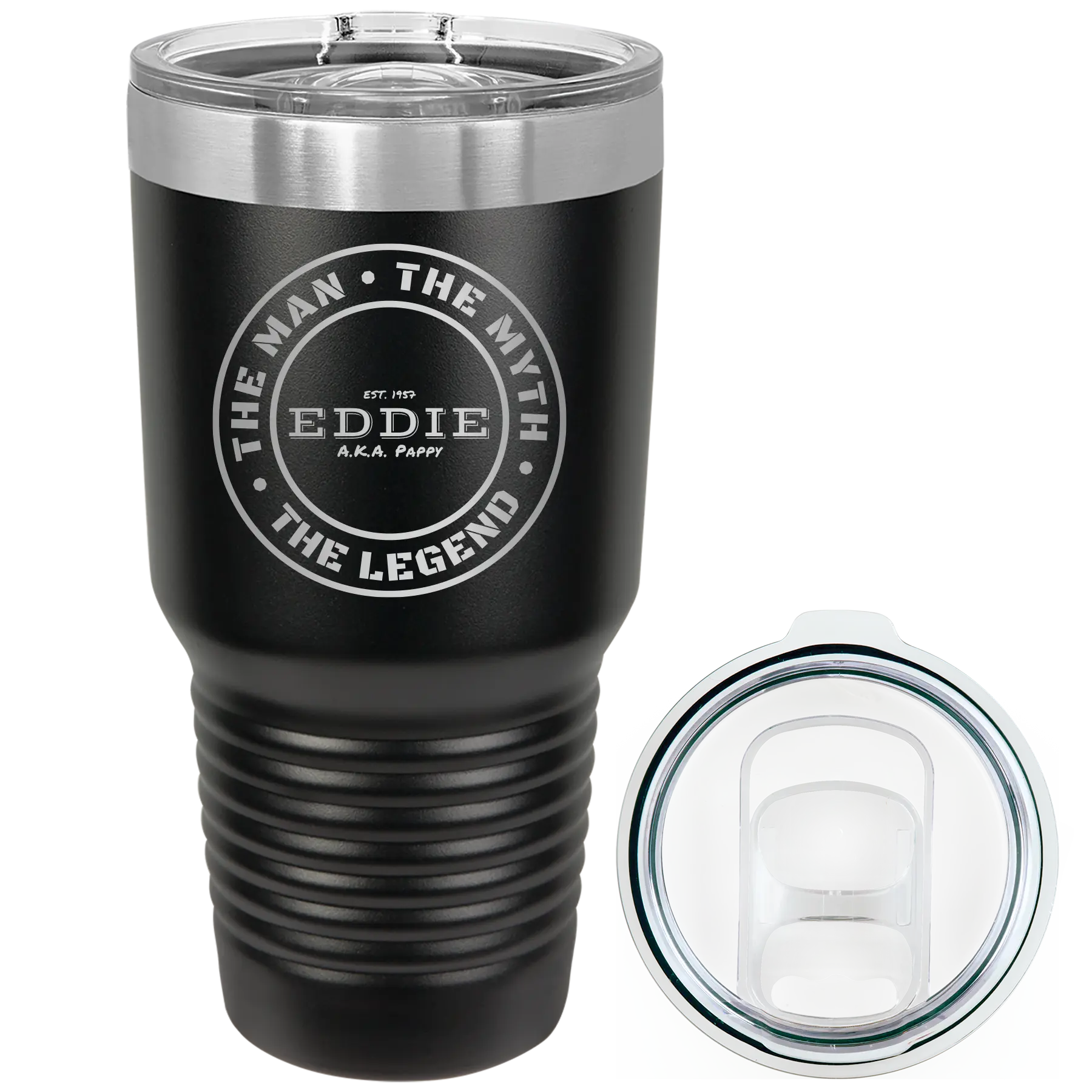Laser etched black 30 oz vacuum insulated tumbler with 'Man Myth Legend' design