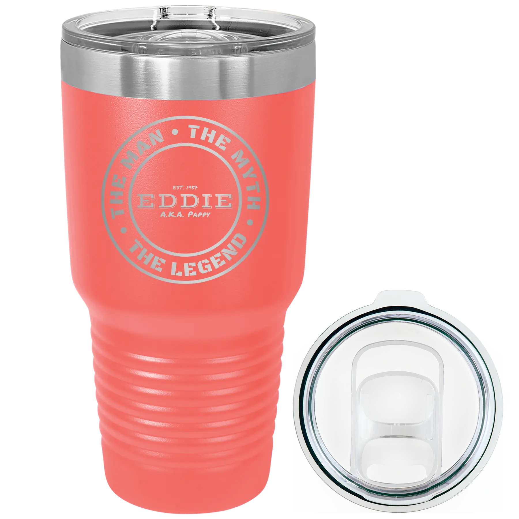 Laser etched coral 30 oz vacuum insulated tumbler with 'Man Myth Legend' design