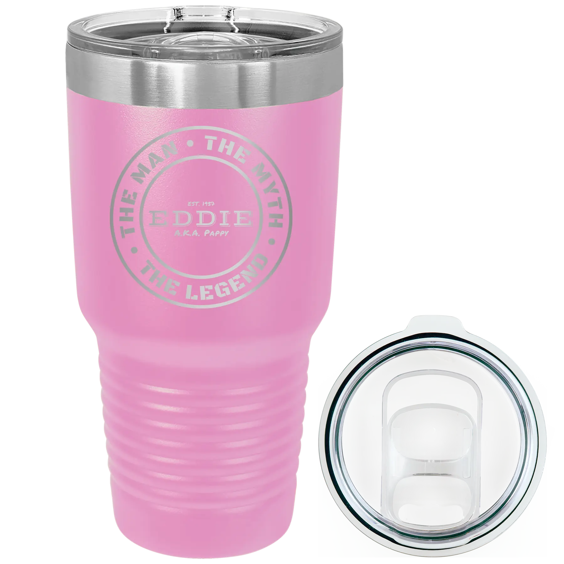 Laser etched light purple 30 oz vacuum insulated tumbler with 'Man Myth Legend' design