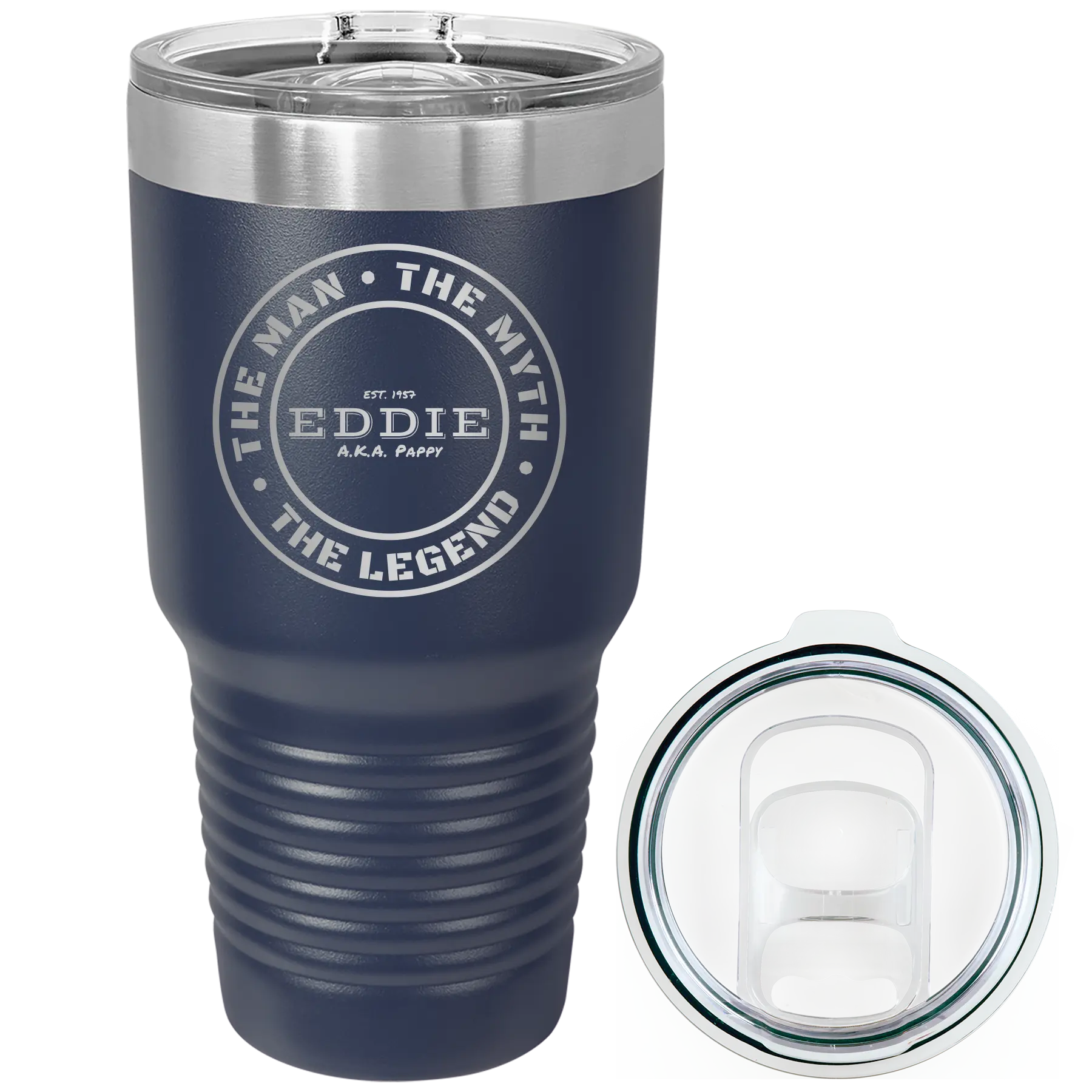 Laser etched navy 30 oz vacuum insulated tumbler with 'Man Myth Legend' design