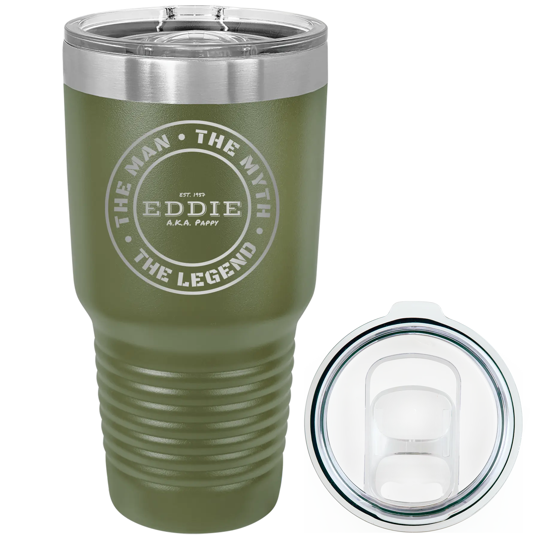 Laser etched olive green 30 oz vacuum insulated tumbler with 'Man Myth Legend' design