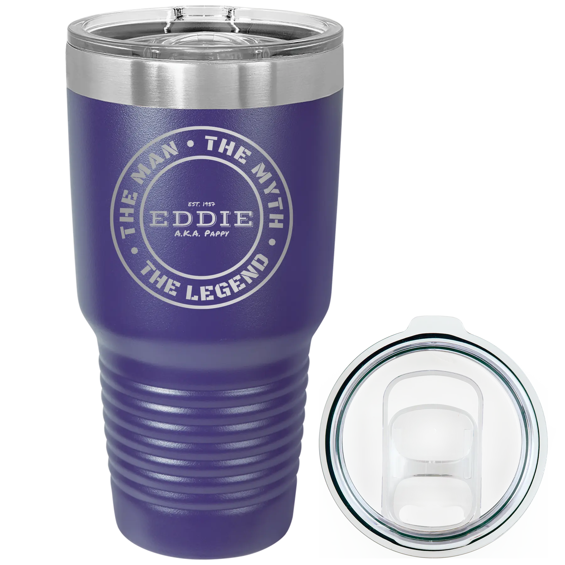 Laser etched purple 30 oz vacuum insulated tumbler with 'Man Myth Legend' design
