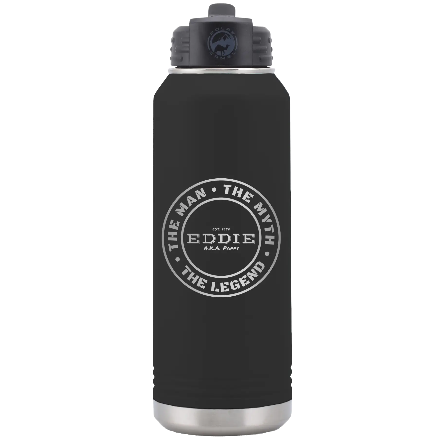 Laser etched black 32 oz vacuum insulated water bottle with 'Man Myth Legend' design