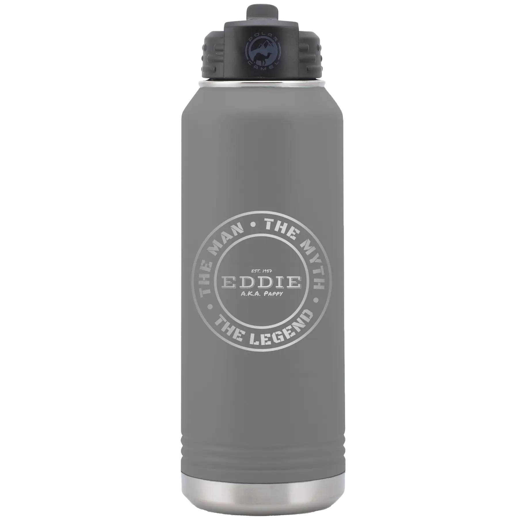 Laser etched dark gray 32 oz vacuum insulated water bottle with 'Man Myth Legend' design