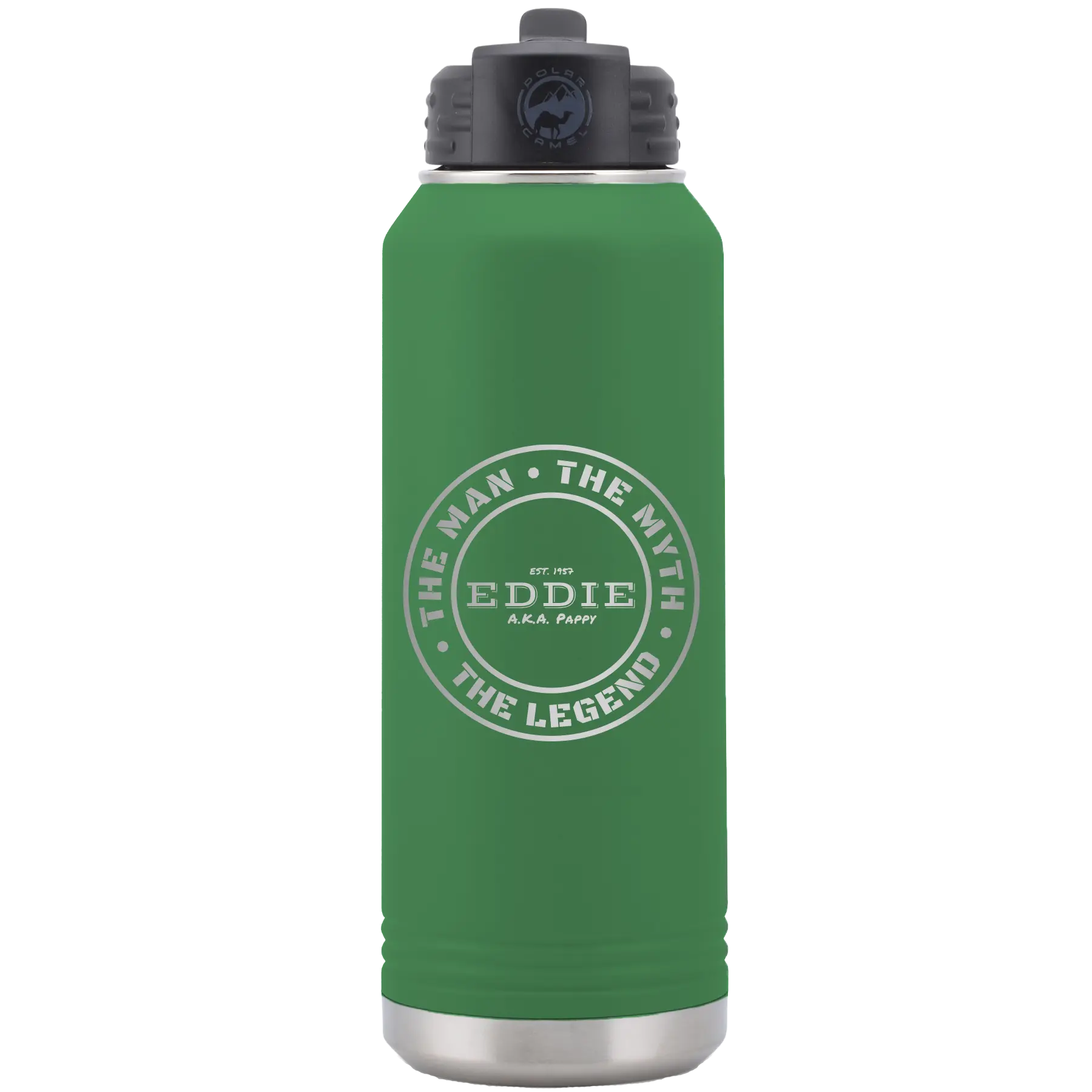Laser etched green 32 oz vacuum insulated water bottle with 'Man Myth Legend' design