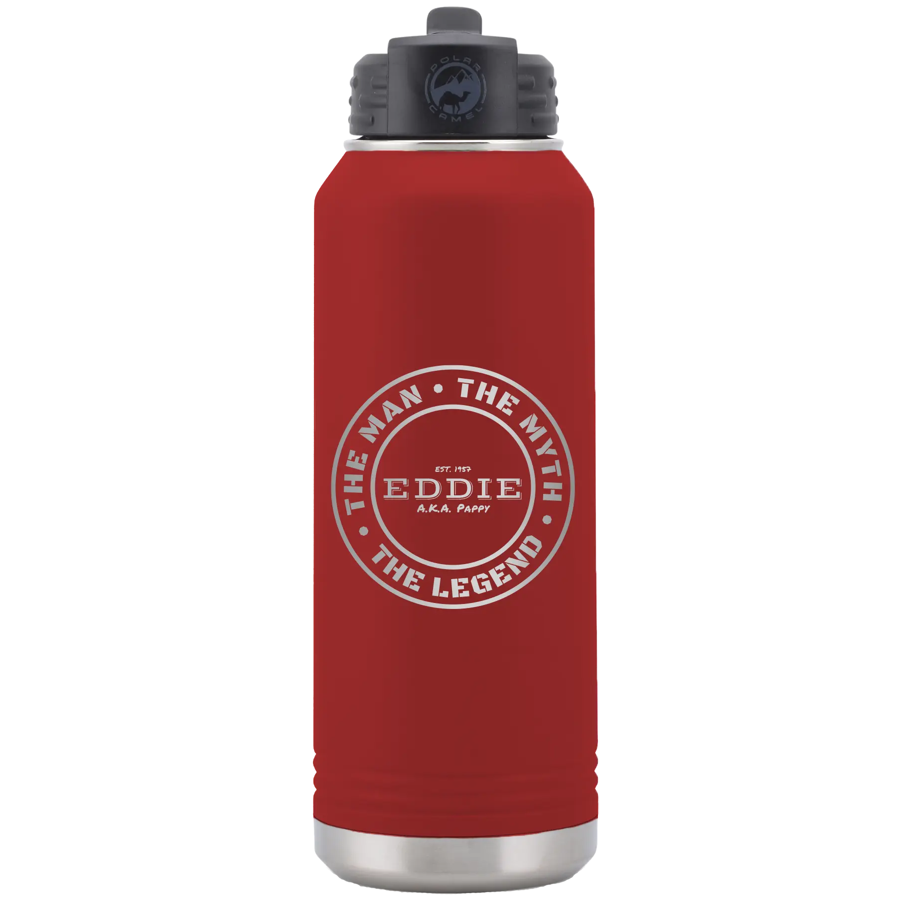 Laser etched maroon 32 oz vacuum insulated water bottle with 'Man Myth Legend' design