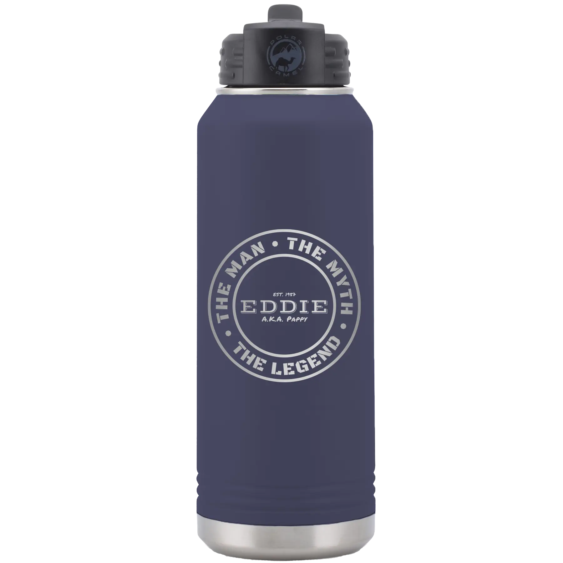 Laser etched navy 32 oz vacuum insulated water bottle with 'Man Myth Legend' design