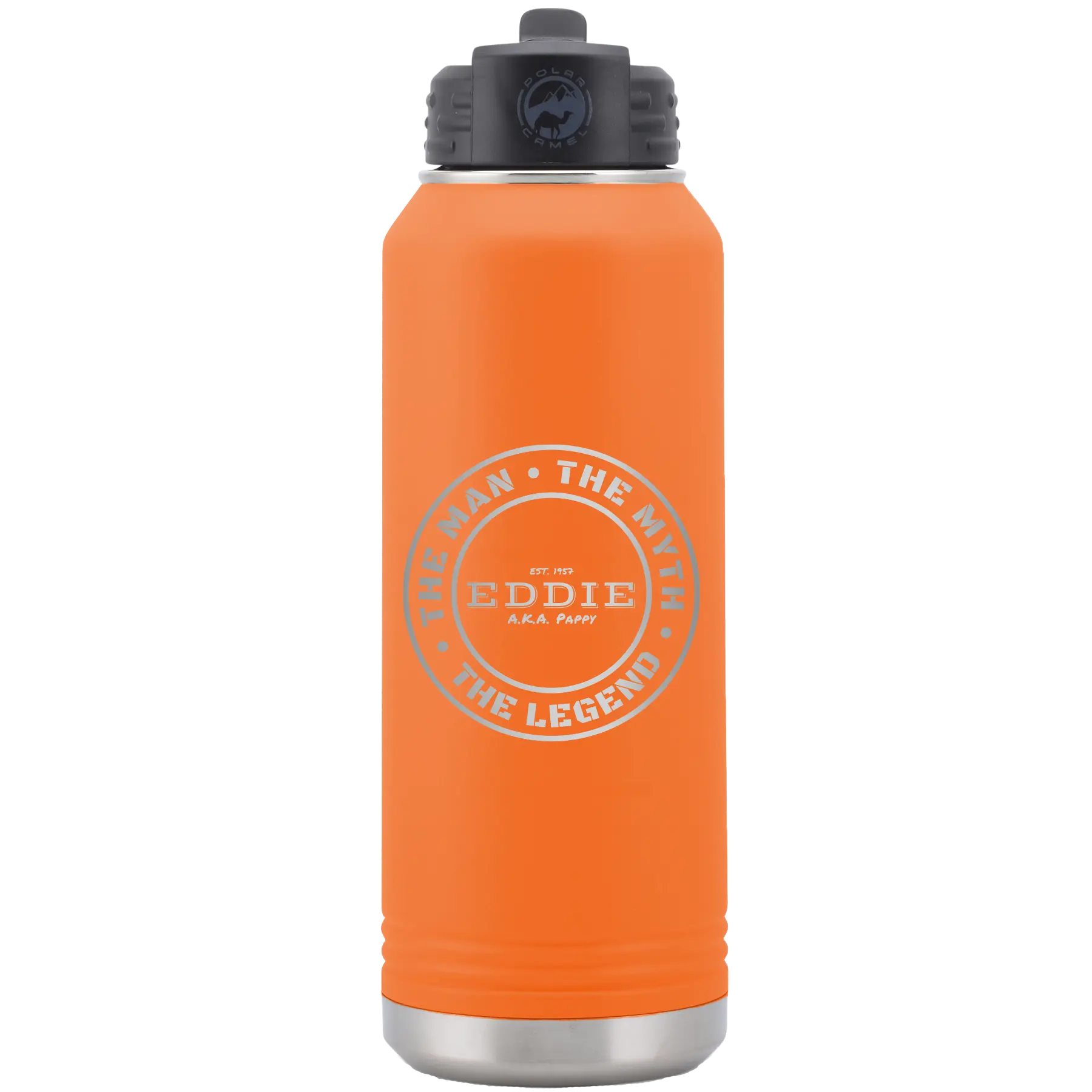 Laser etched orange 32 oz vacuum insulated water bottle with 'Man Myth Legend' design