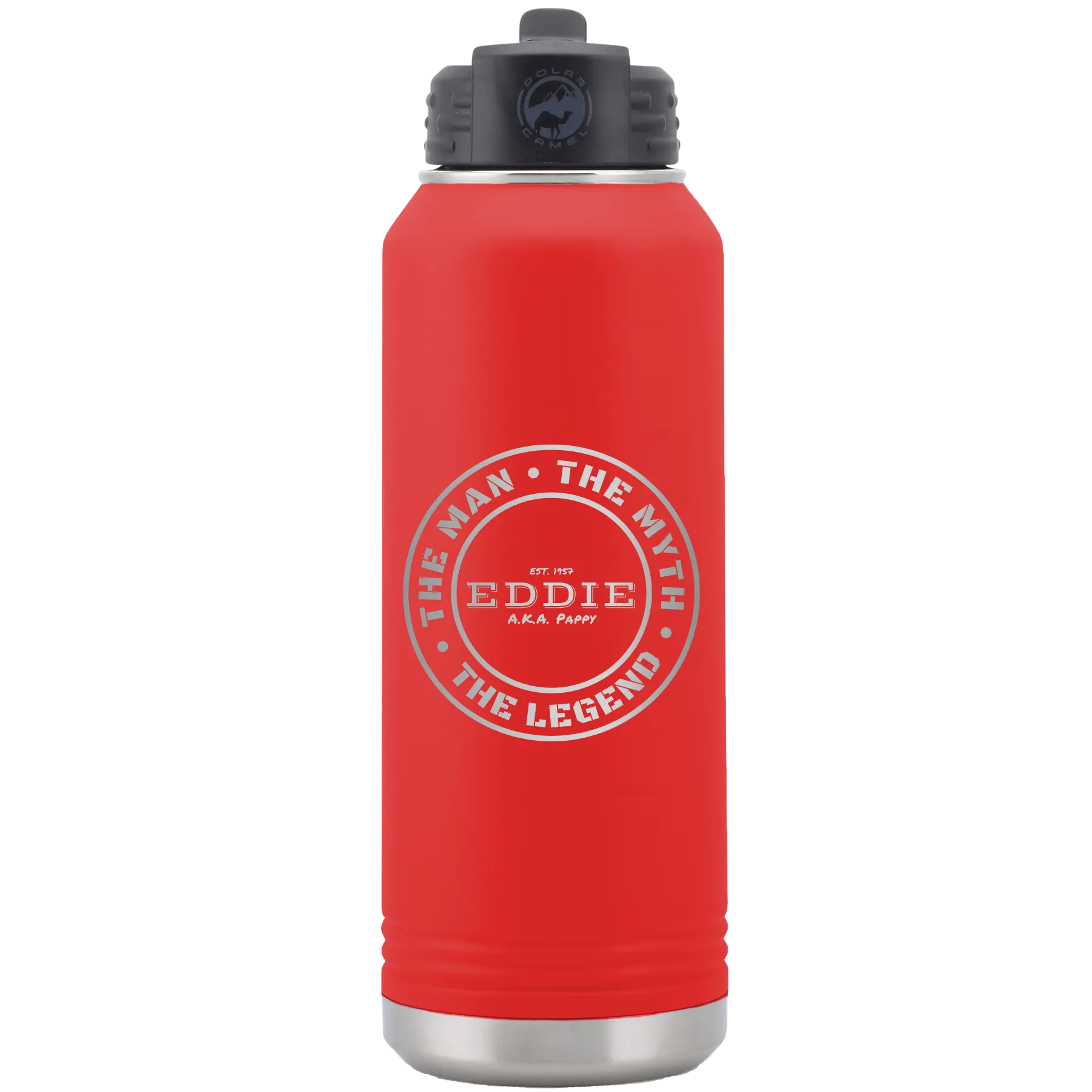 Laser etched red 32 oz vacuum insulated water bottle with 'Man Myth Legend' design