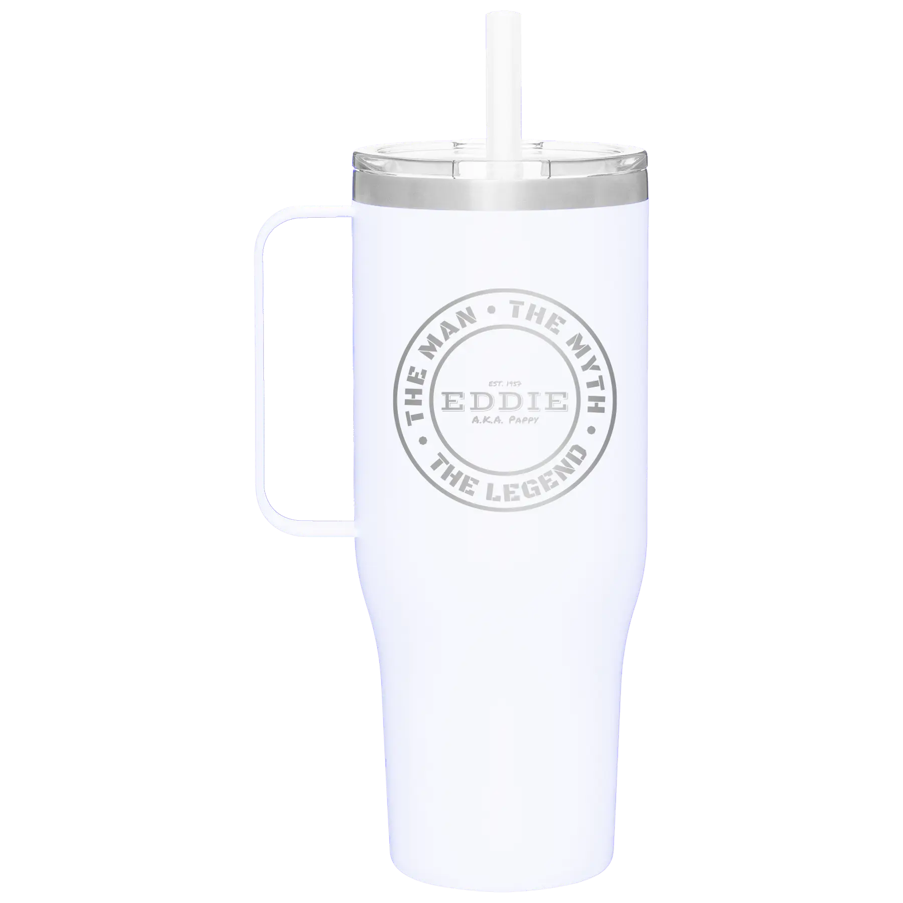 Personalized white 40 oz vacuum insulated tumbler mug with 'Man Myth Legend' design