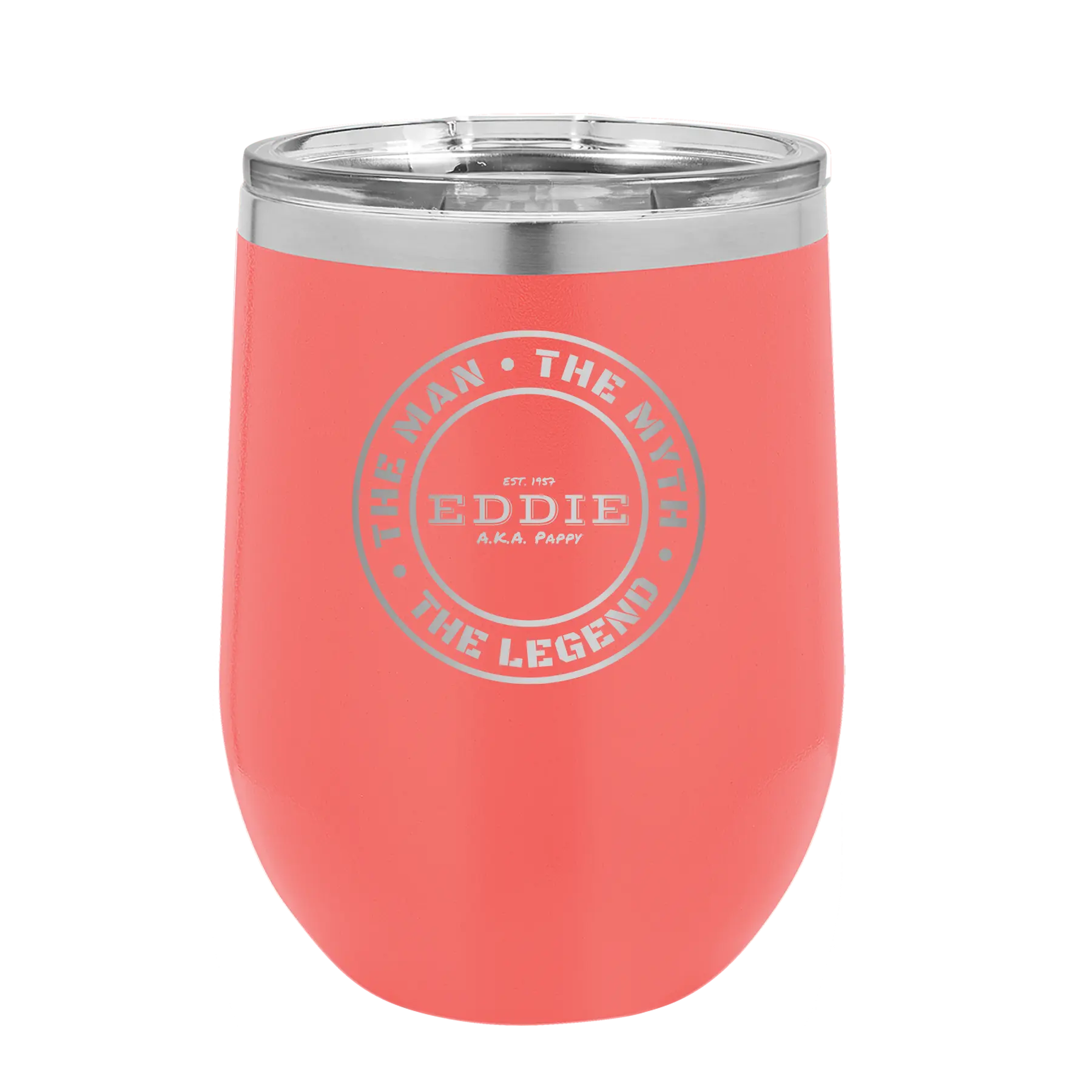 Personalized coral 12 oz vacuum insulated wine cup with etched 'Man Myth Legend' design