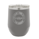Personalized dark gray 12 oz vacuum insulated wine cup with etched 'Man Myth Legend' design