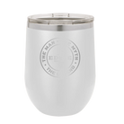 Personalized white 12 oz vacuum insulated wine cup with etched 'Man Myth Legend' design