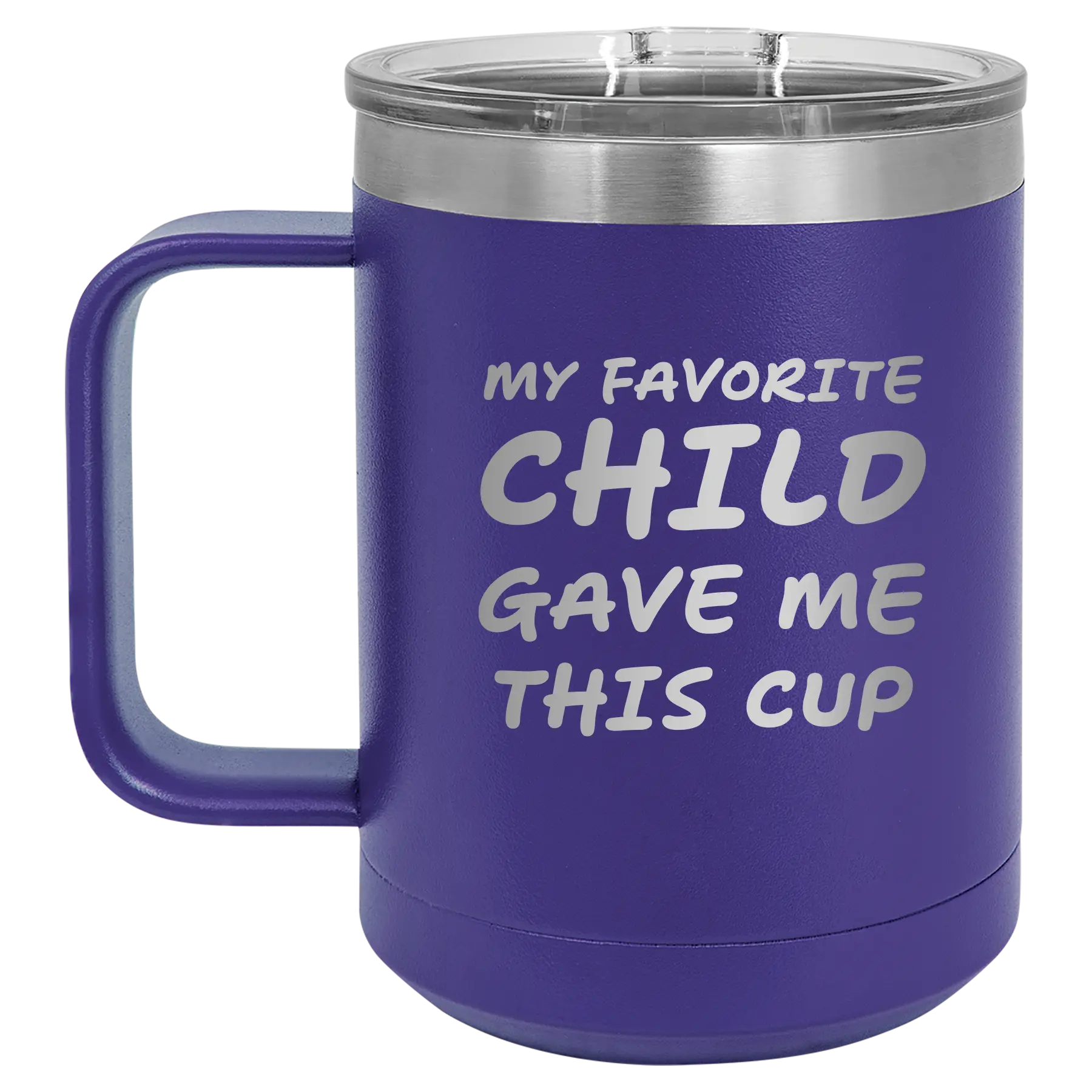 Personalized purple 15 oz vacuum insulated coffee mug with etched 'My favorite Child' design