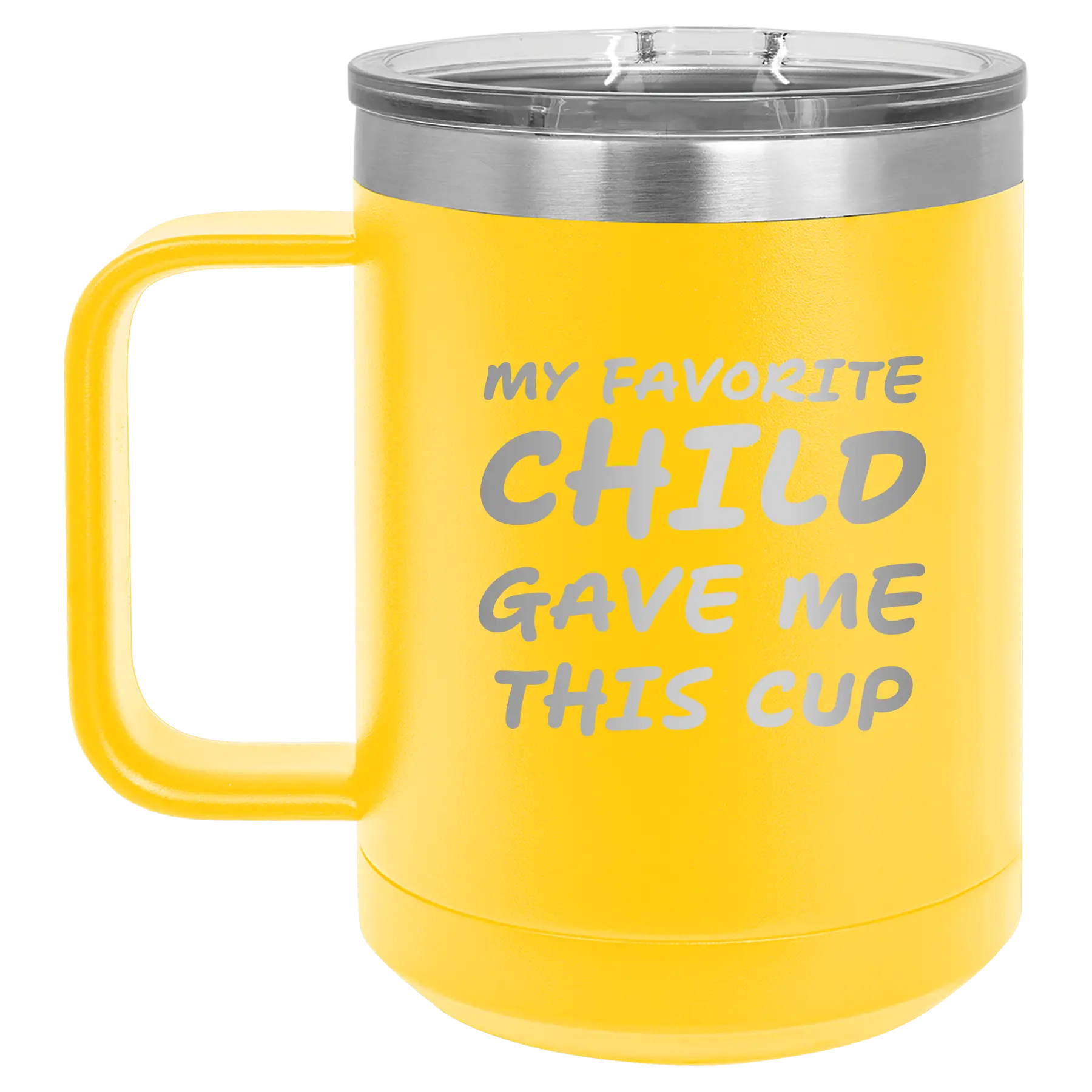Personalized yellow 15 oz vacuum insulated coffee mug with etched 'My favorite Child' design