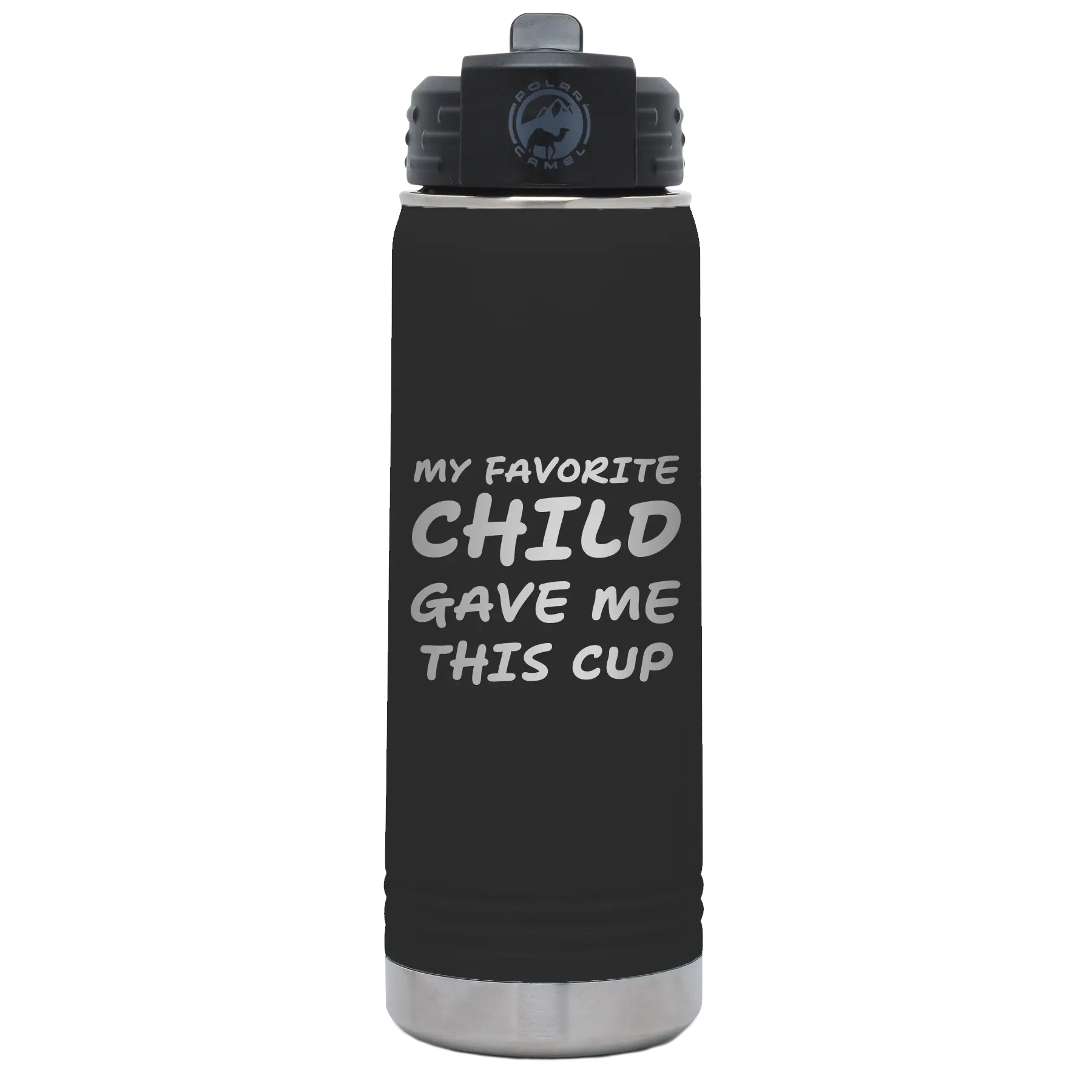 Laser etched black 20 oz vacuum insulated water bottle with 'My favorite Child' design