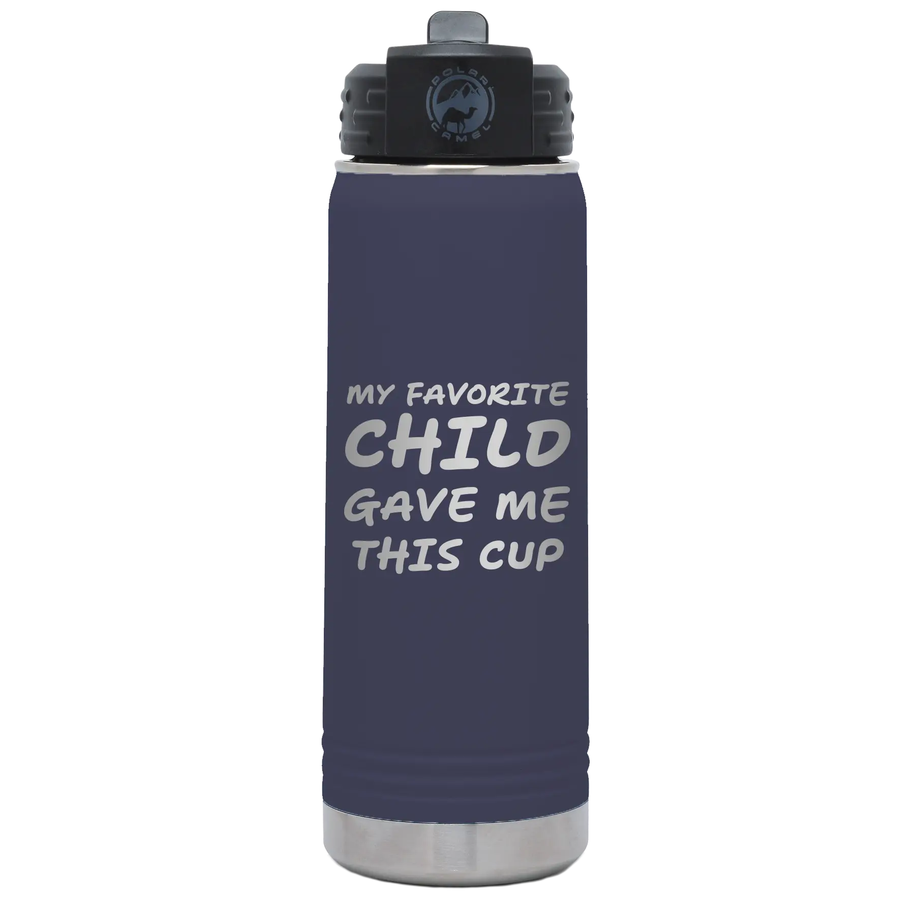 Laser etched navy 20 oz vacuum insulated water bottle with 'My favorite Child' design