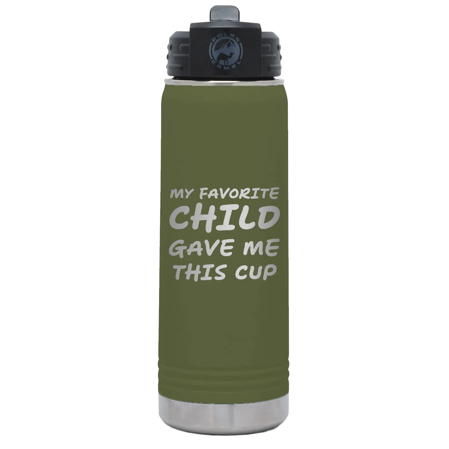 Laser etched olive green 20 oz vacuum insulated water bottle with 'My favorite Child' design
