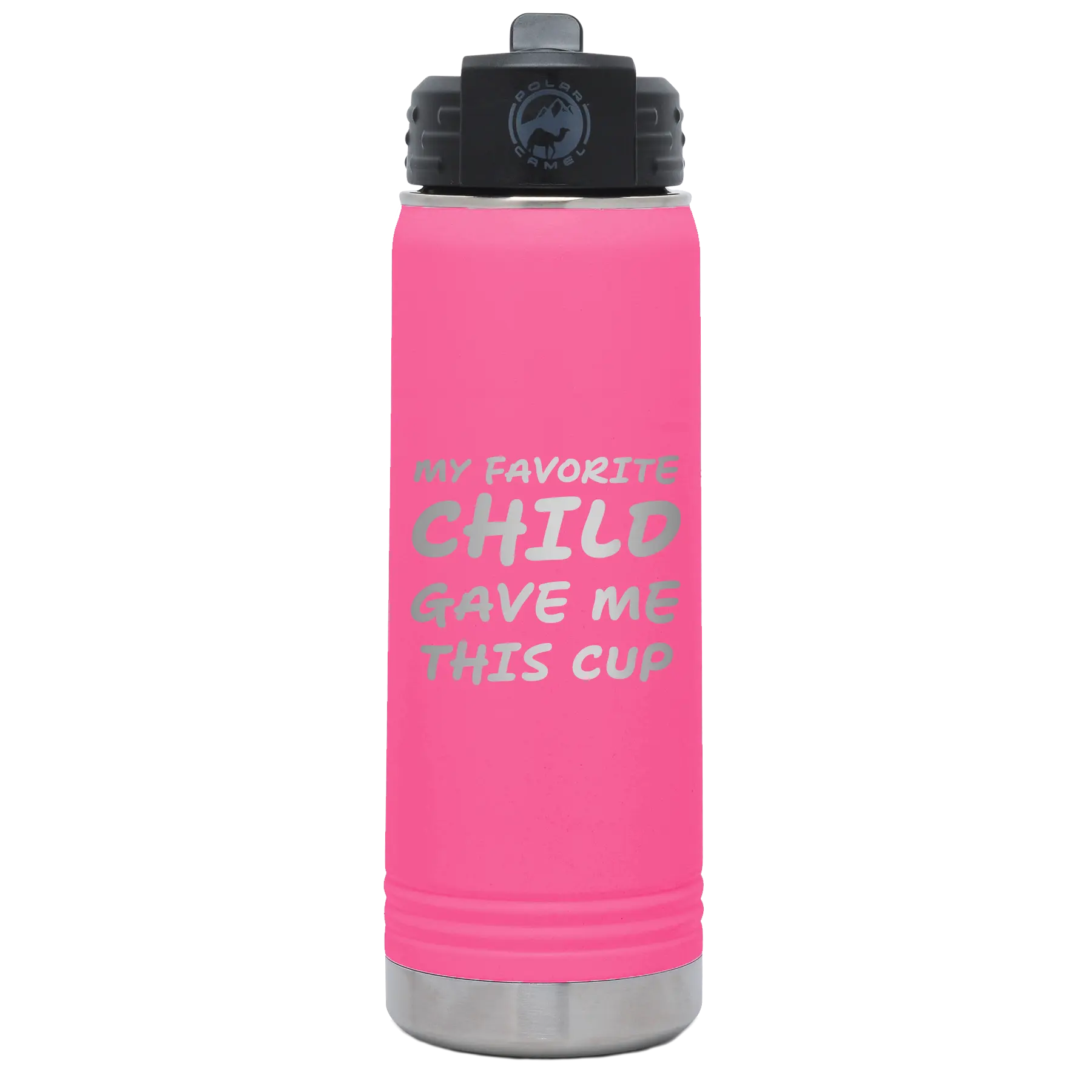 Laser etched pink 20 oz vacuum insulated water bottle with 'My favorite Child' design