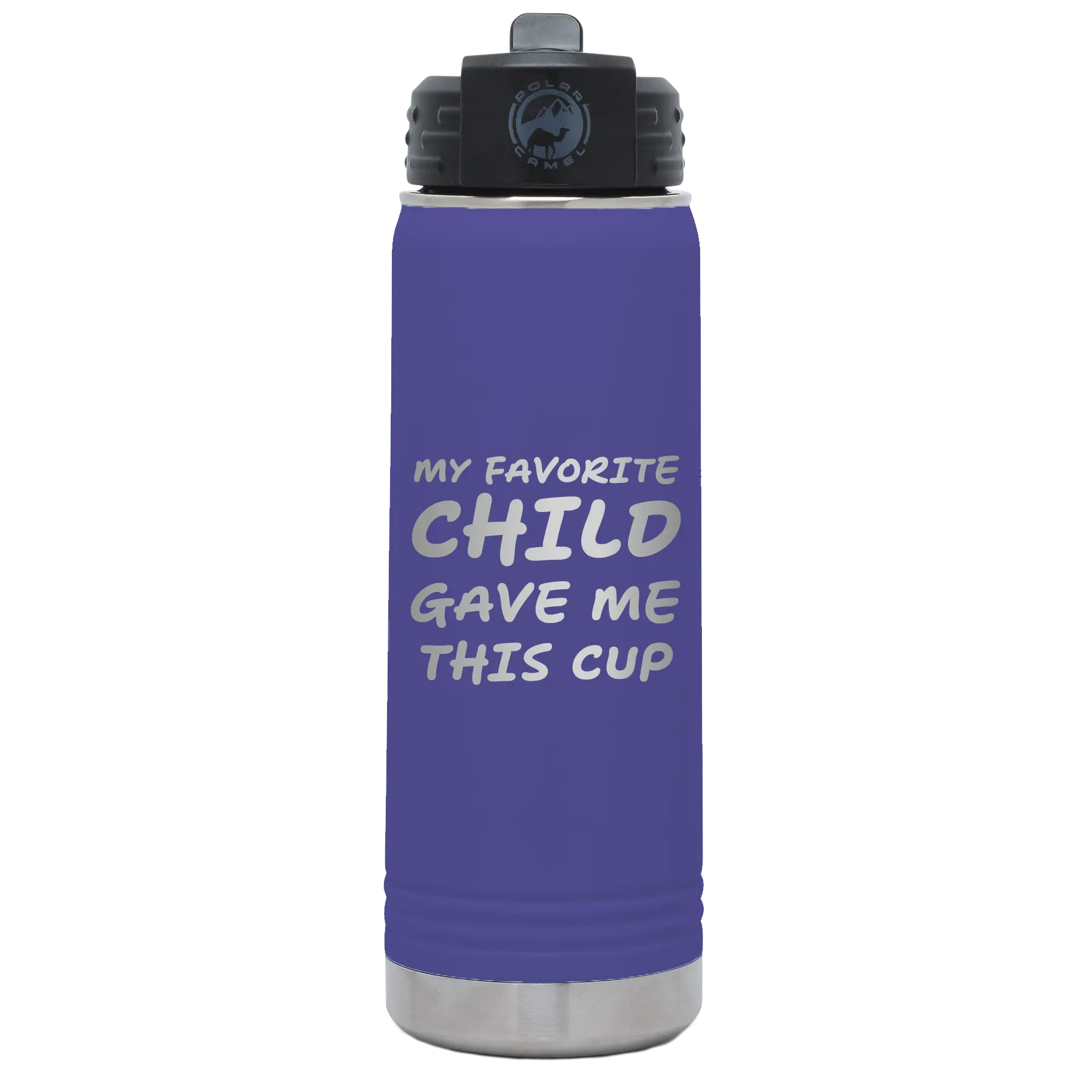 Laser etched purple 20 oz vacuum insulated water bottle with 'My favorite Child' design