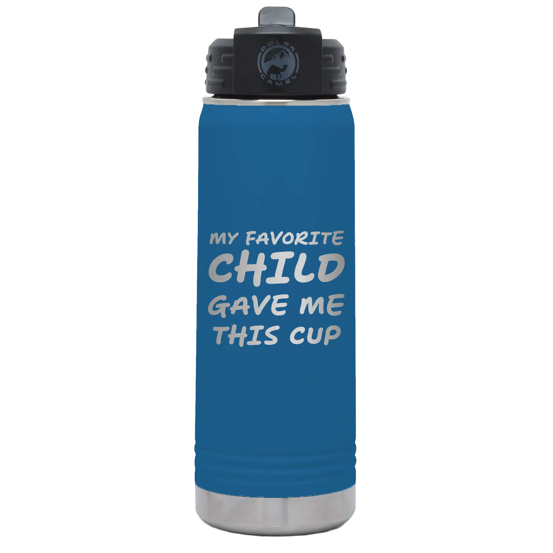 Laser etched royal blue 20 oz vacuum insulated water bottle with 'My favorite Child' design