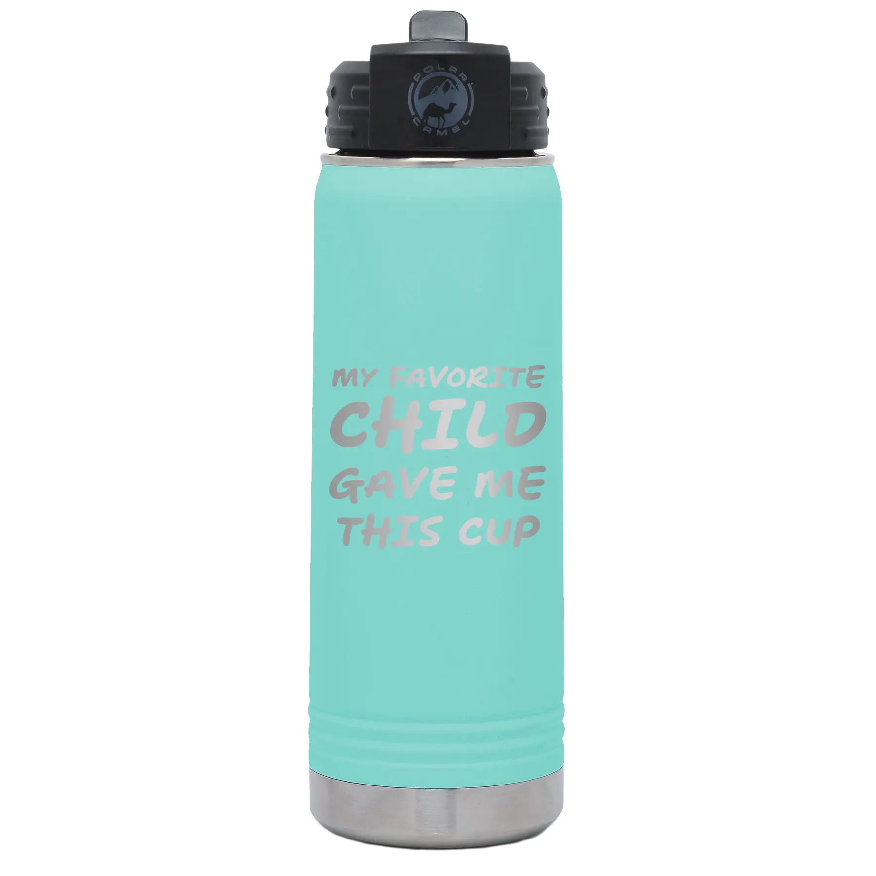 Laser etched teal 20 oz vacuum insulated water bottle with 'My favorite Child' design