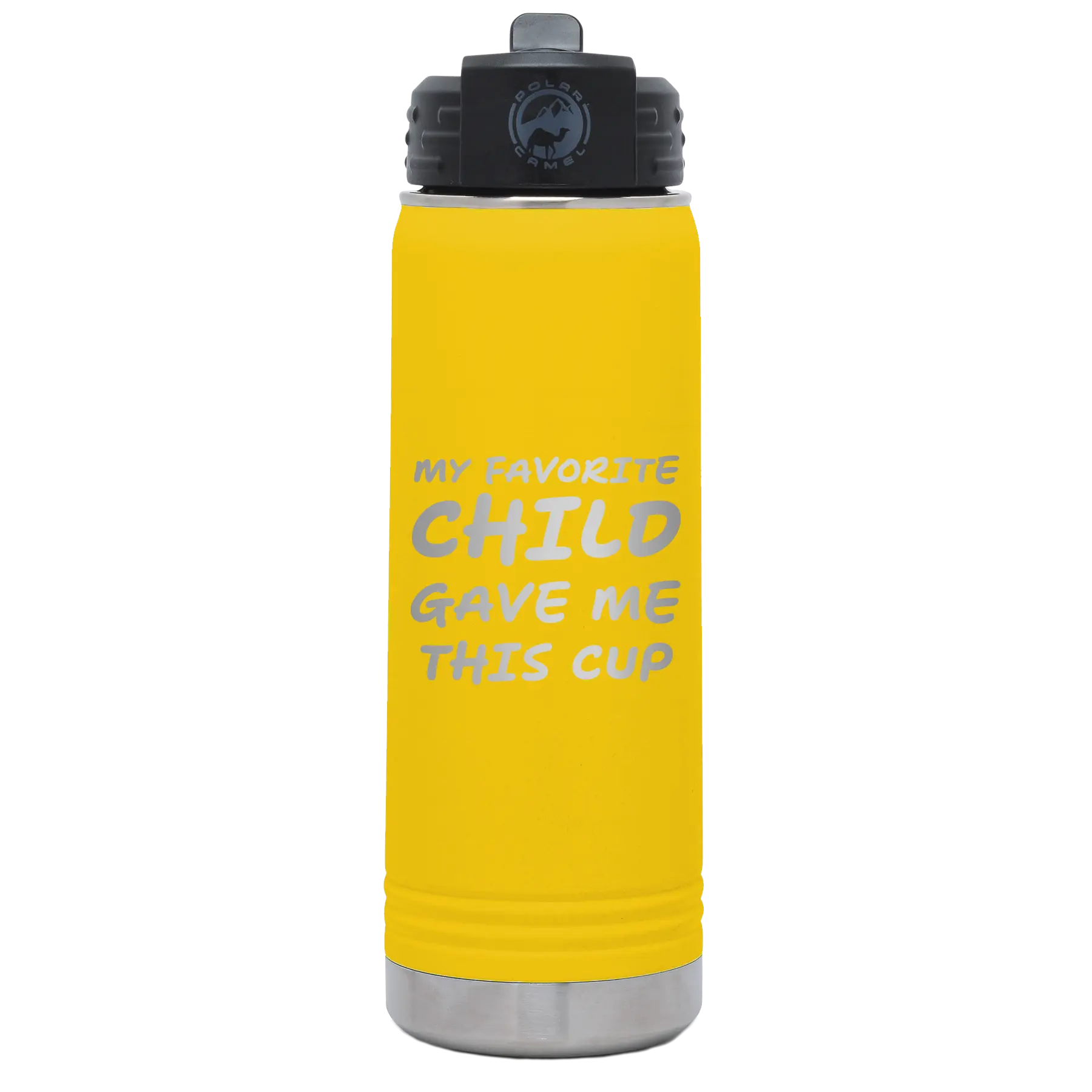 Laser etched yellow 20 oz vacuum insulated water bottle with 'My favorite Child' design