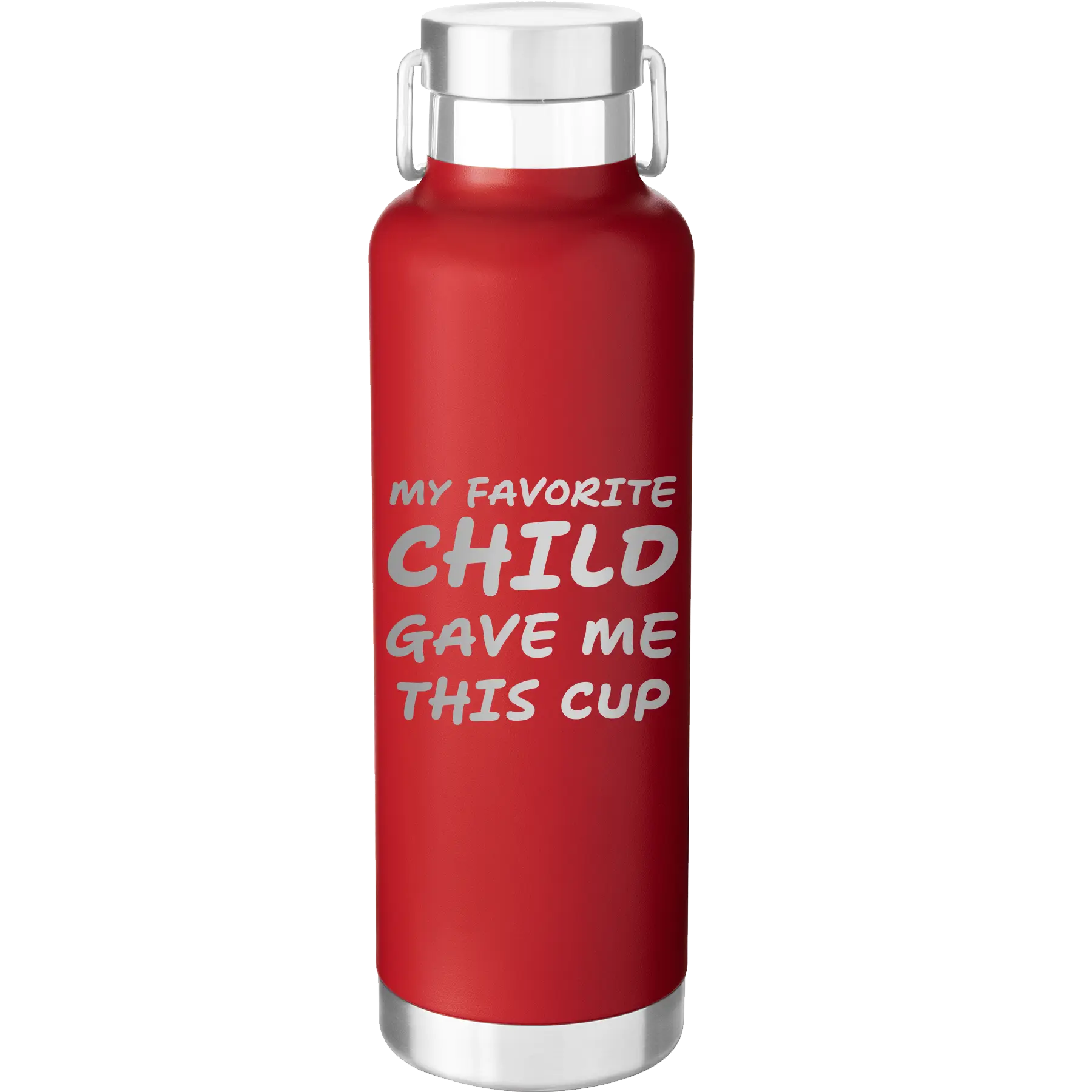 Laser etched red 24 oz vacuum insulated water bottle with 'My favorite Child' design