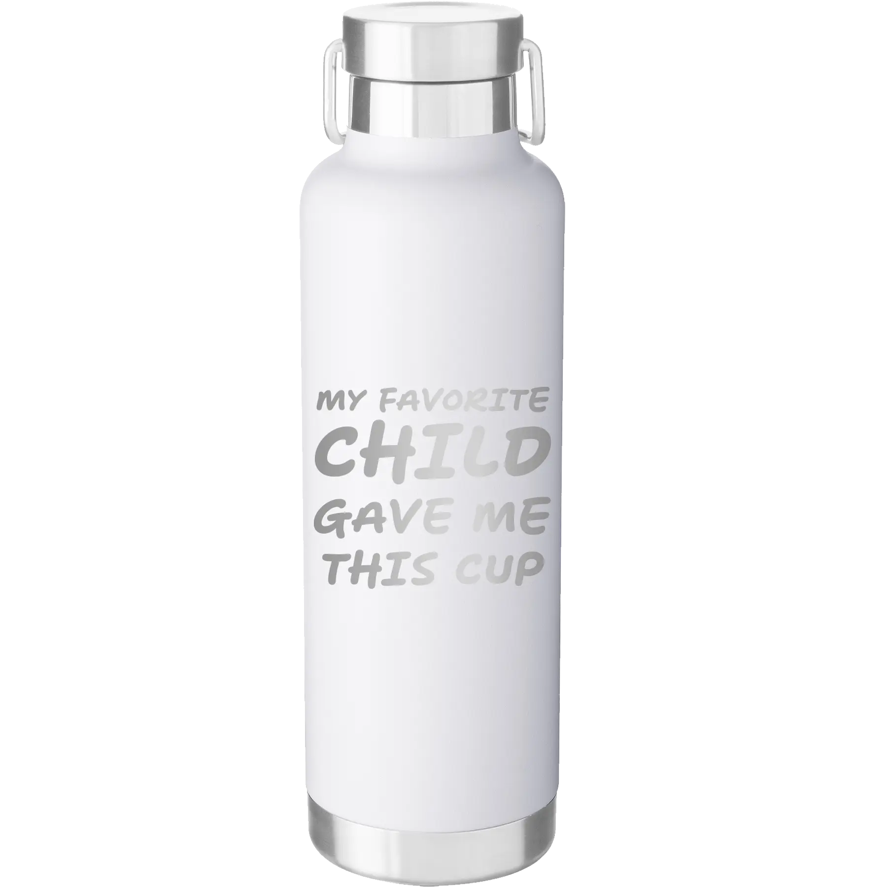 Laser etched white 24 oz vacuum insulated water bottle with 'My favorite Child' design